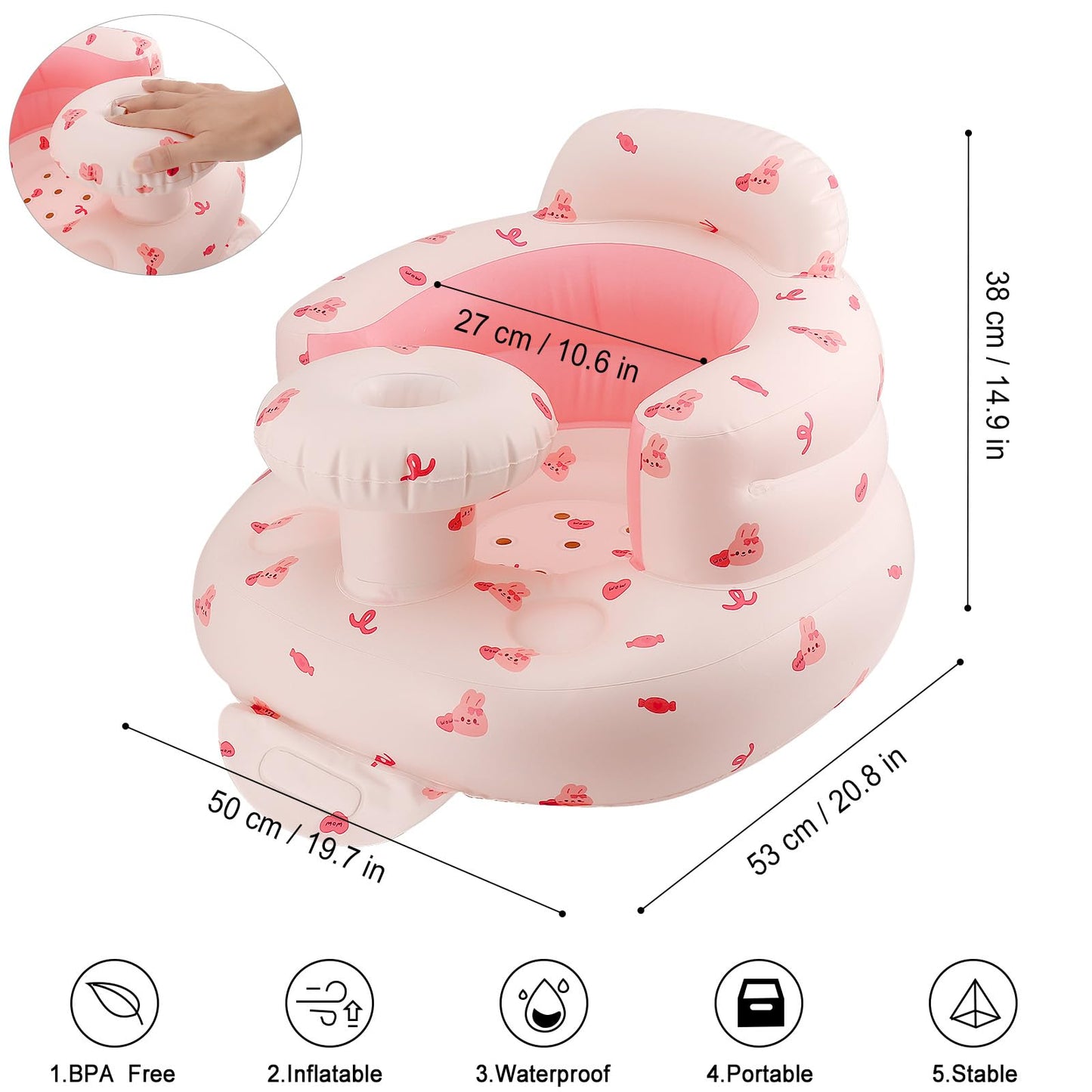 Pink Baby Inflatable Seat For Babies 3-36 Months Girl, Built In Air Pump, Bear Baby Support Seat Summer Toddler Chair For Sittin