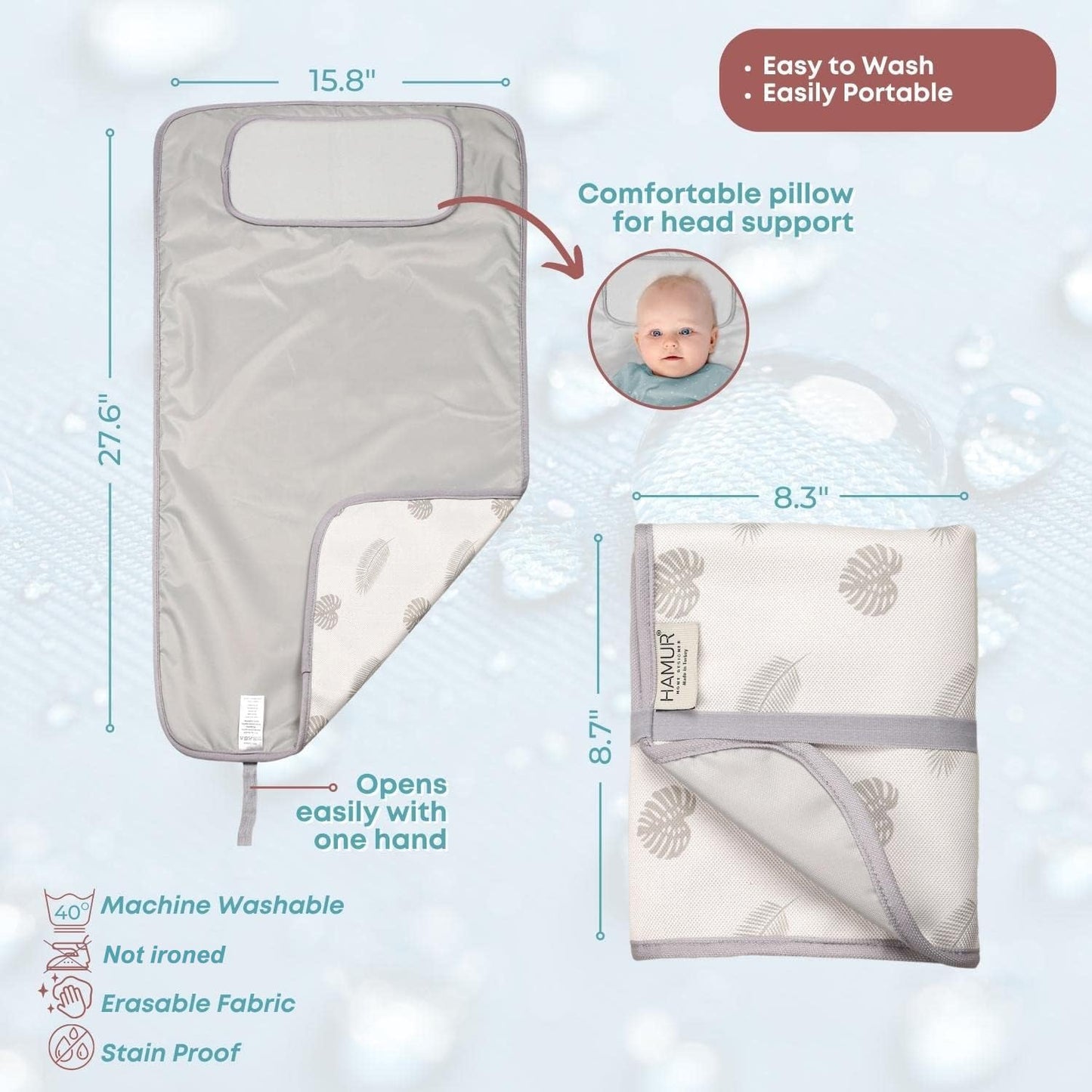 Hamur Home Portable Baby Changing Pad - Waterproof, Foldable & Lightweight Travel Mat - Soft & Machine Washable Diaper Changer -