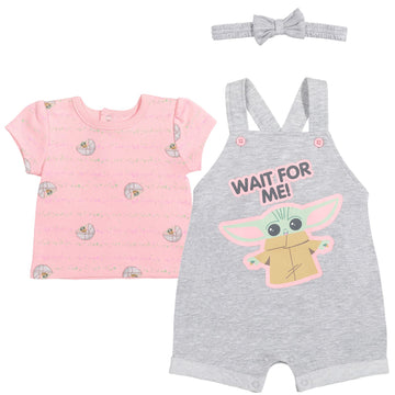 Star Wars The Child Newborn Baby Girls French Terry Snap Short Overalls T-Shirt & Headband 3 Pcs Set Light Gray 3-6 Months