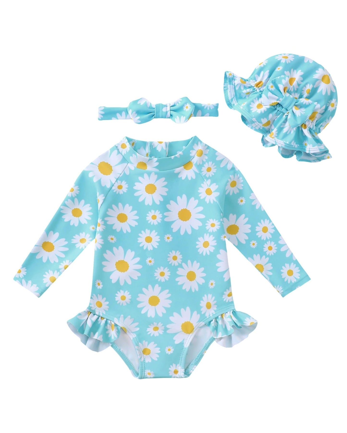 SODLON Baby Girl Swimsuit 6-9 Months 9-12 Month Girls Rash Guard Bathing Suit Ruffle Blue Daisy One-Piece Long Sleeve Infant Bat
