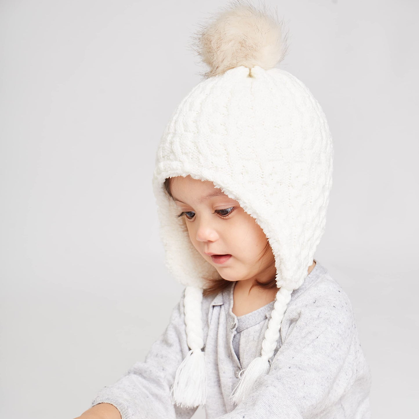 Langzhen Infant Pom Pom Beanie Kid Winter Hats Toddler Cap Knit Warm Beanies Caps For Baby Boys Girls(White,6-12 Months)