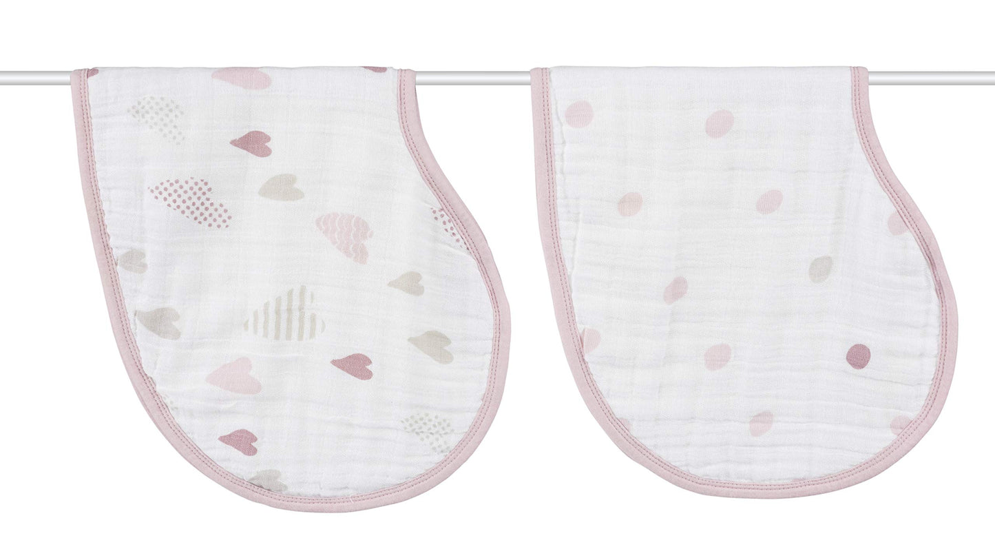 aden + anais Burpy Bib, 100% Cotton Muslin, Soft Absorbent 4 Layers, Multi-Use Burp Cloth and Bib, 22.5 X 11, 2 Pack, Heartbreak