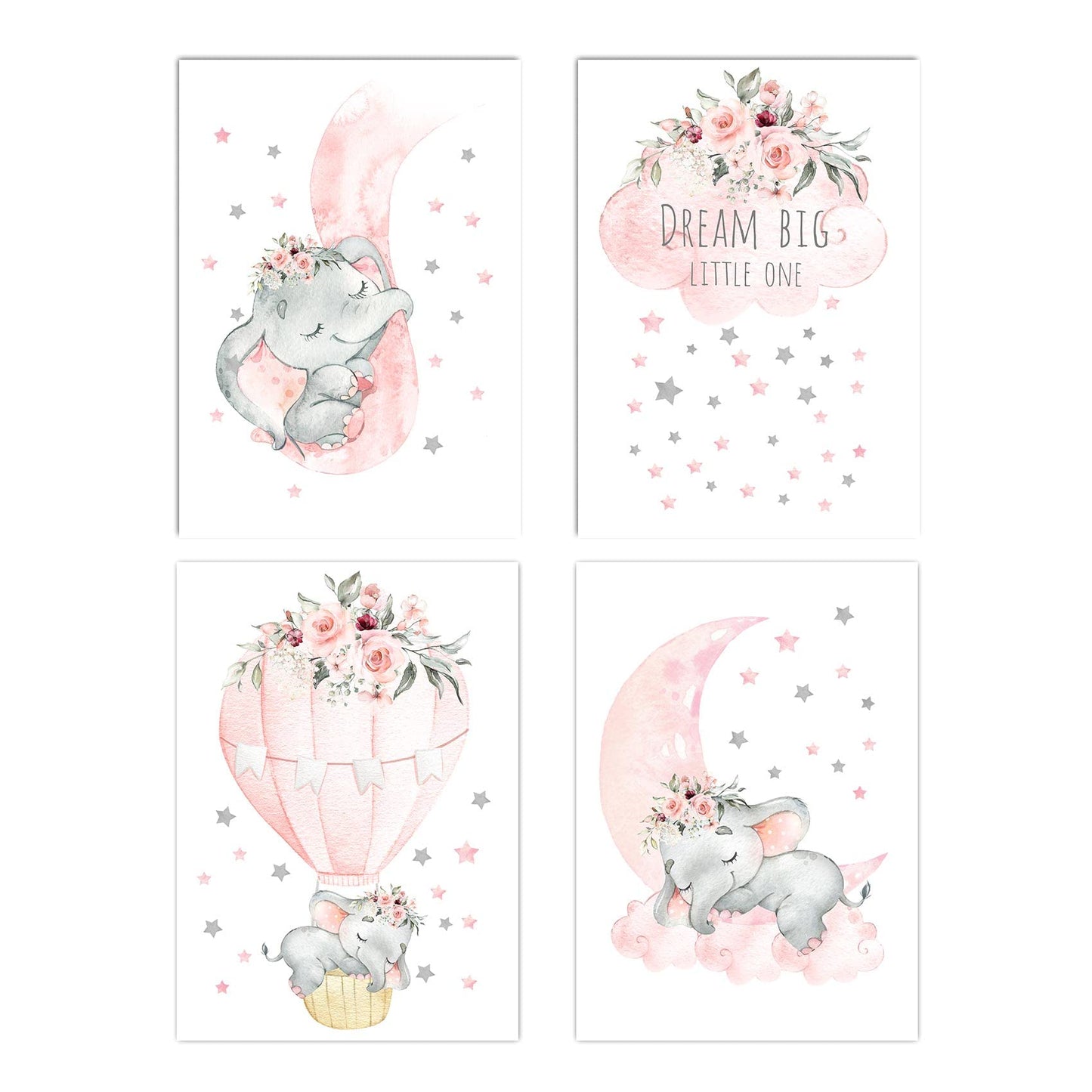 Canssape Set Of 4 Baby Wall Decor Pink Nursery Wall Art Decor For Girls Dream Big Little One Pink Elephant Kids Room Decor Poste