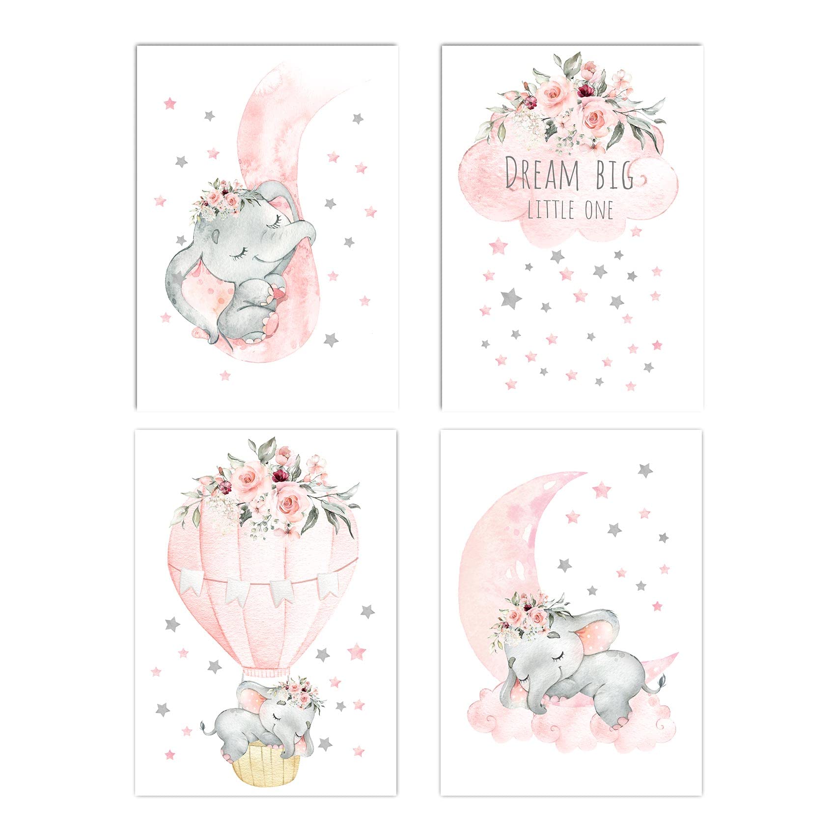 Canssape Set Of 4 Baby Wall Decor Pink Nursery Wall Art Decor For Girls Dream Big Little One Pink Elephant Kids Room Decor Poste