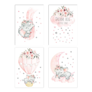 Canssape Set Of 4 Baby Wall Decor Pink Nursery Wall Art Decor For Girls Dream Big Little One Pink Elephant Kids Room Decor Poste
