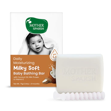 Mother Sparsh Milky Baby Bathing Soap Bar - 75G | Hypoallergenic Ph 5.5 | Tear-Free Formulation | Prevents Dryness