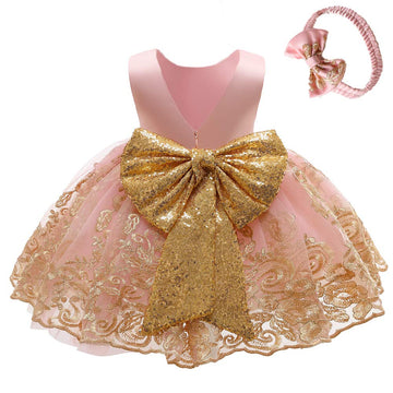 Baby Girls Embroidery Lace Dresses Toddler Ruffles Infant Easter Tutu Birthday Dress With Headwear (Pink,70)