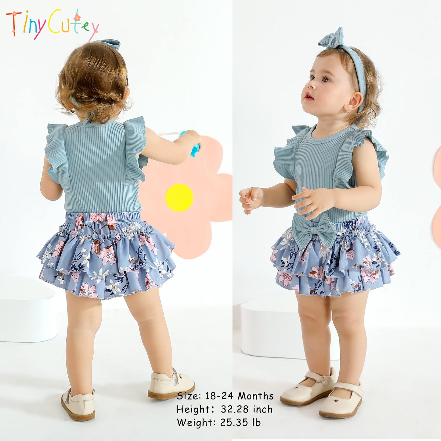 Tiny Cutey Baby Girl Clothes Infant Summer Outfits Set Ruffle Sleeve Romper And Floral Shorts With Headband (Blue Romper And Ruf