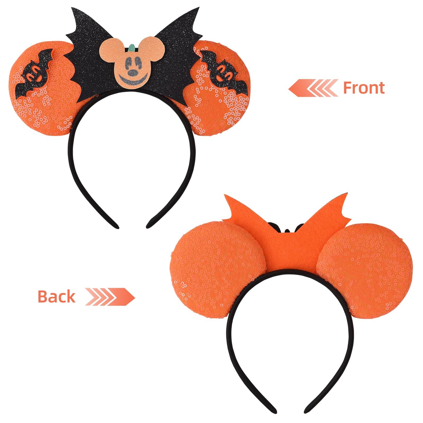 Eisyaa Halloween Minnie Ears Bow Headbands, Sequin Mickey Ears Halloween Bat Headband Glitter Party Princess Decoration Cosplay