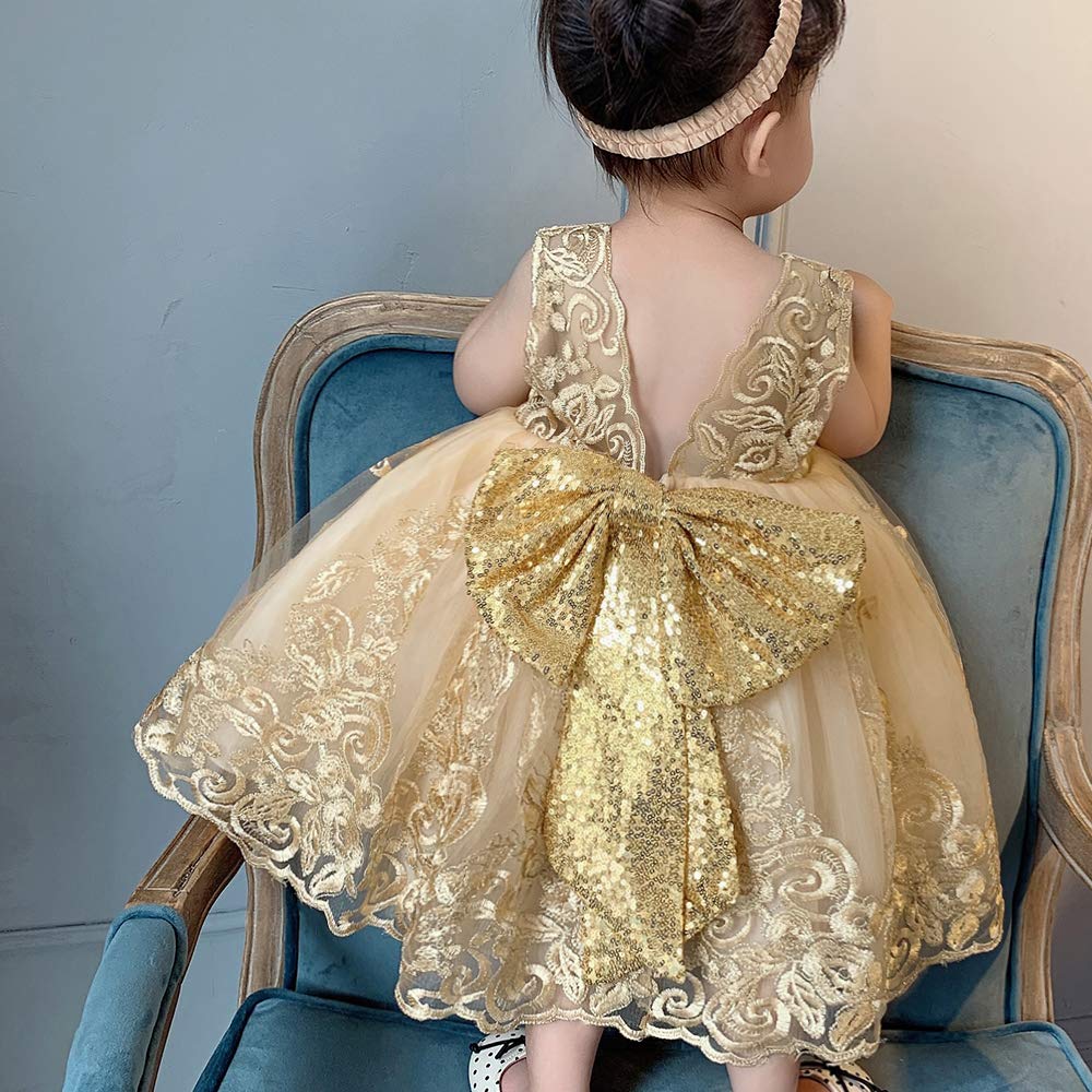 Formal Prom Pageant Wedding Girls Dresses A-Line Knee Length Tutu Ruffle Dress Princess Party Infant Baby Dress 6M Gold B 70