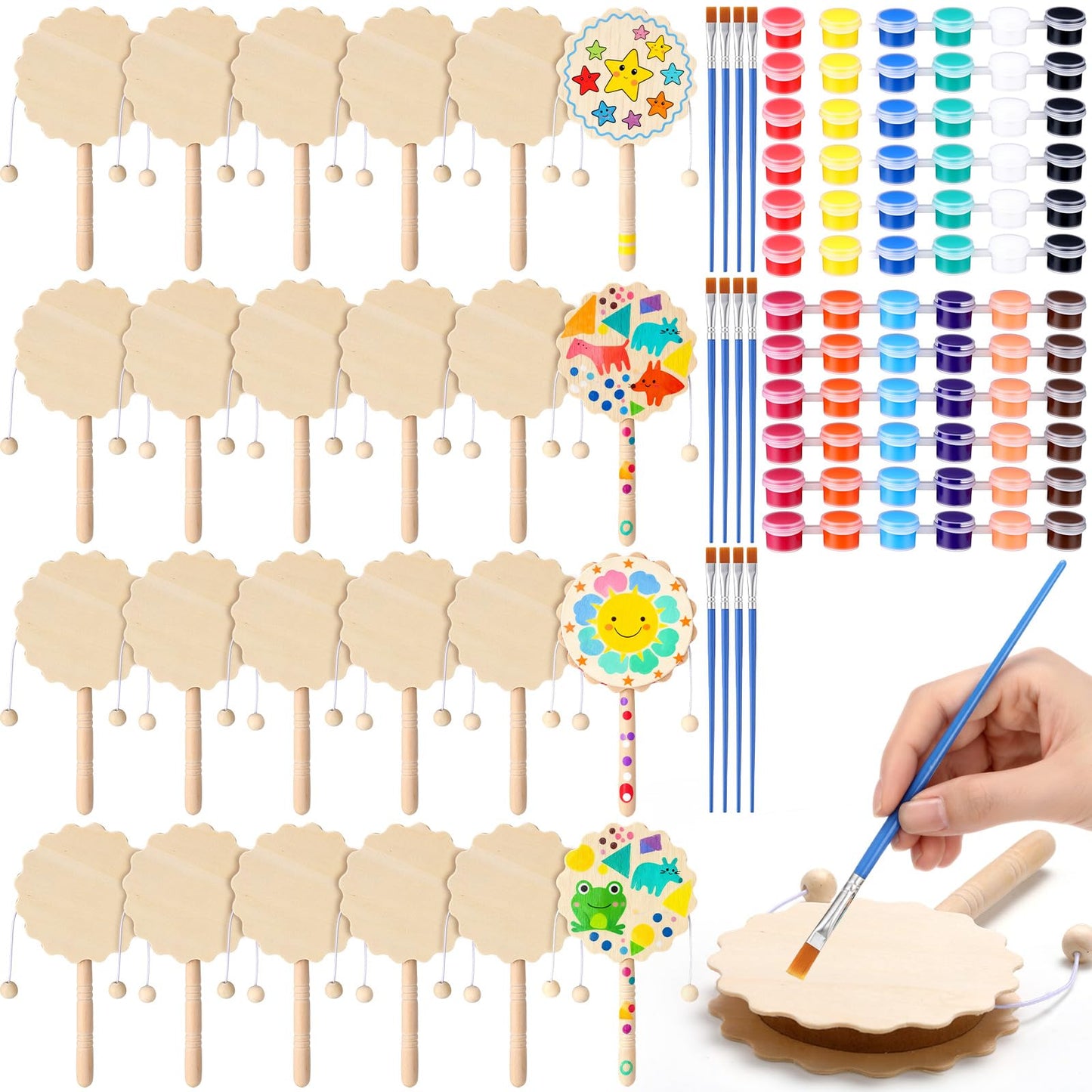 Arrowbash 24 Pcs DIY Rattle Set, Unfinished Blank Wooden Rattle Childrens Toys, 6.3 x 3.35 Inch Hand Drum Craft Kit Suitable fo