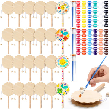 Arrowbash 24 Pcs DIY Rattle Set, Unfinished Blank Wooden Rattle Childrens Toys, 6.3 x 3.35 Inch Hand Drum Craft Kit Suitable fo