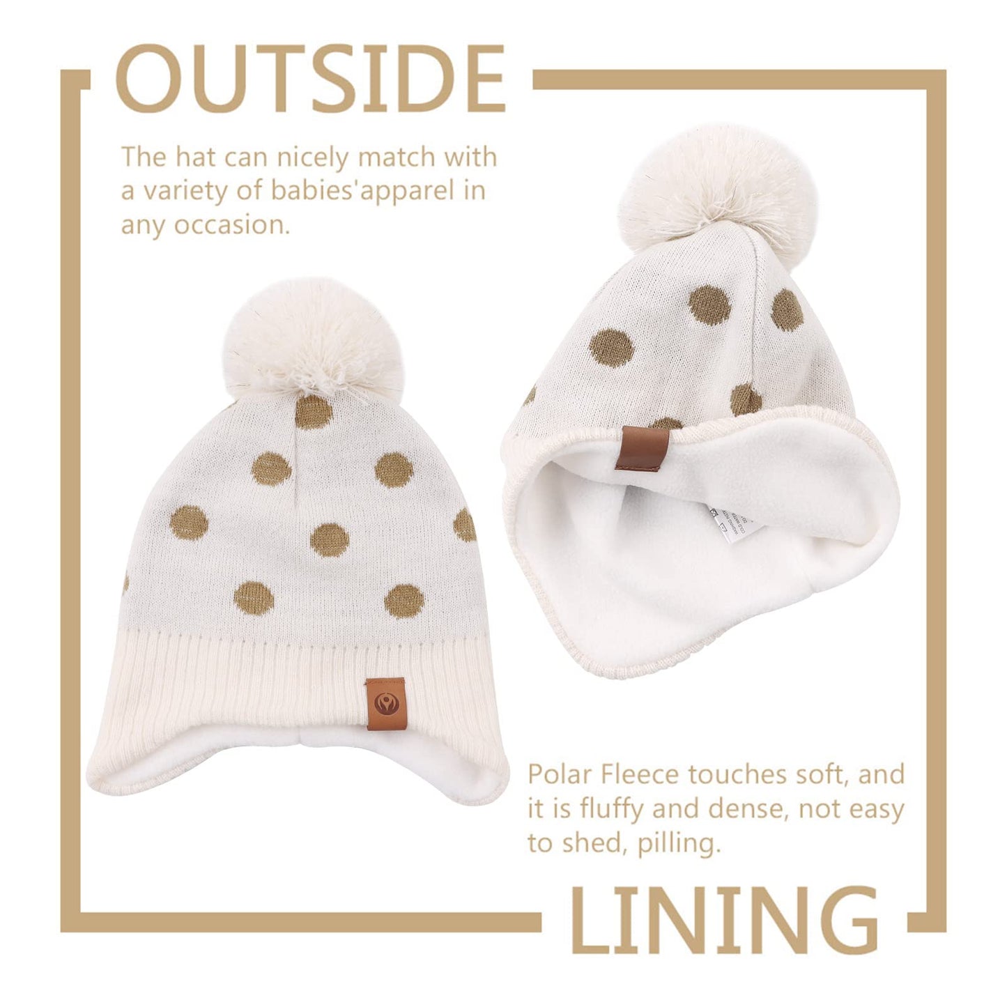 Jangannsa Knitted Baby Hat Scarf Set Winter Warm Boys Girls Beanie Fleece Lining Toddler Kids Hats With Pompom (Beige Dots Hat,