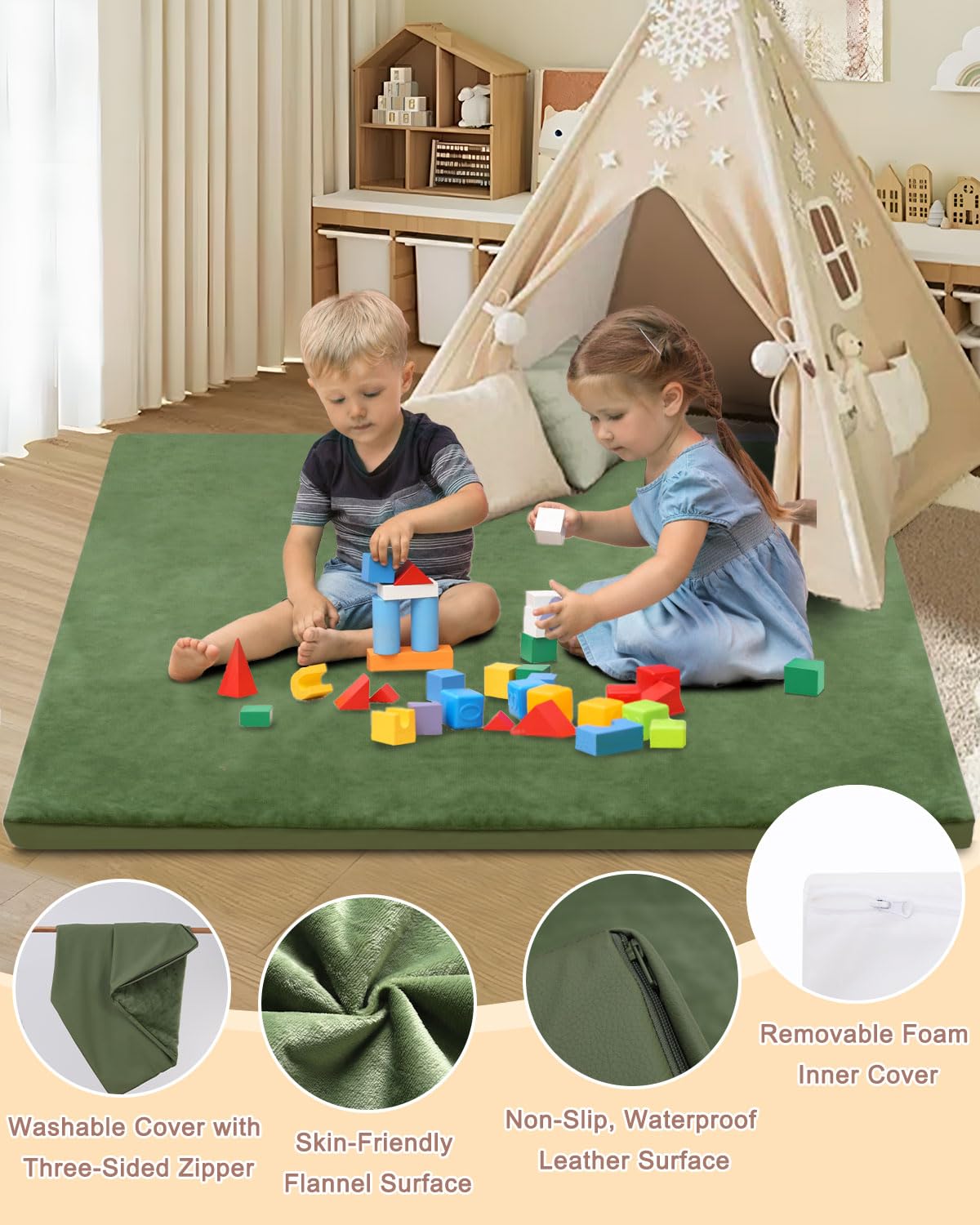 Separo Baby Play Mat For Floor,1.3' Thick Foam 50X50 Play Crawling Mat With Removable Washable Cover,Non Slip Soft Velvet Nurse