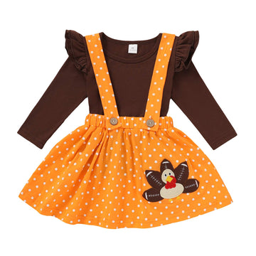 Thanksgiving Outfits Toddler Baby Girl Skirts Sets Ruffle Top + Turkey Dot Overalls Suspender Dress Fall Winter Clothes
