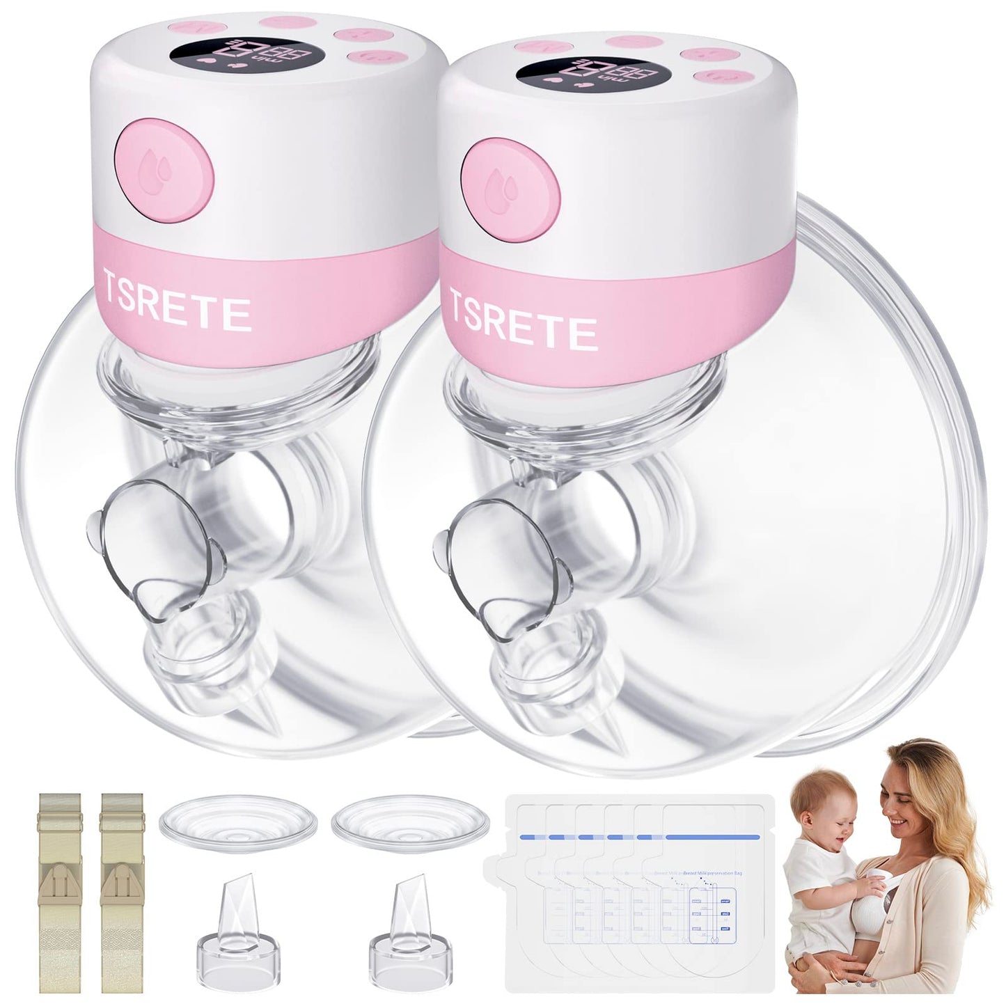 Tsrete Double Wearable Breast Pump, Electric Hands-Free Breast Pumps With 2 Modes, 9 Levels, Lcd Display, Memory Function Rechar