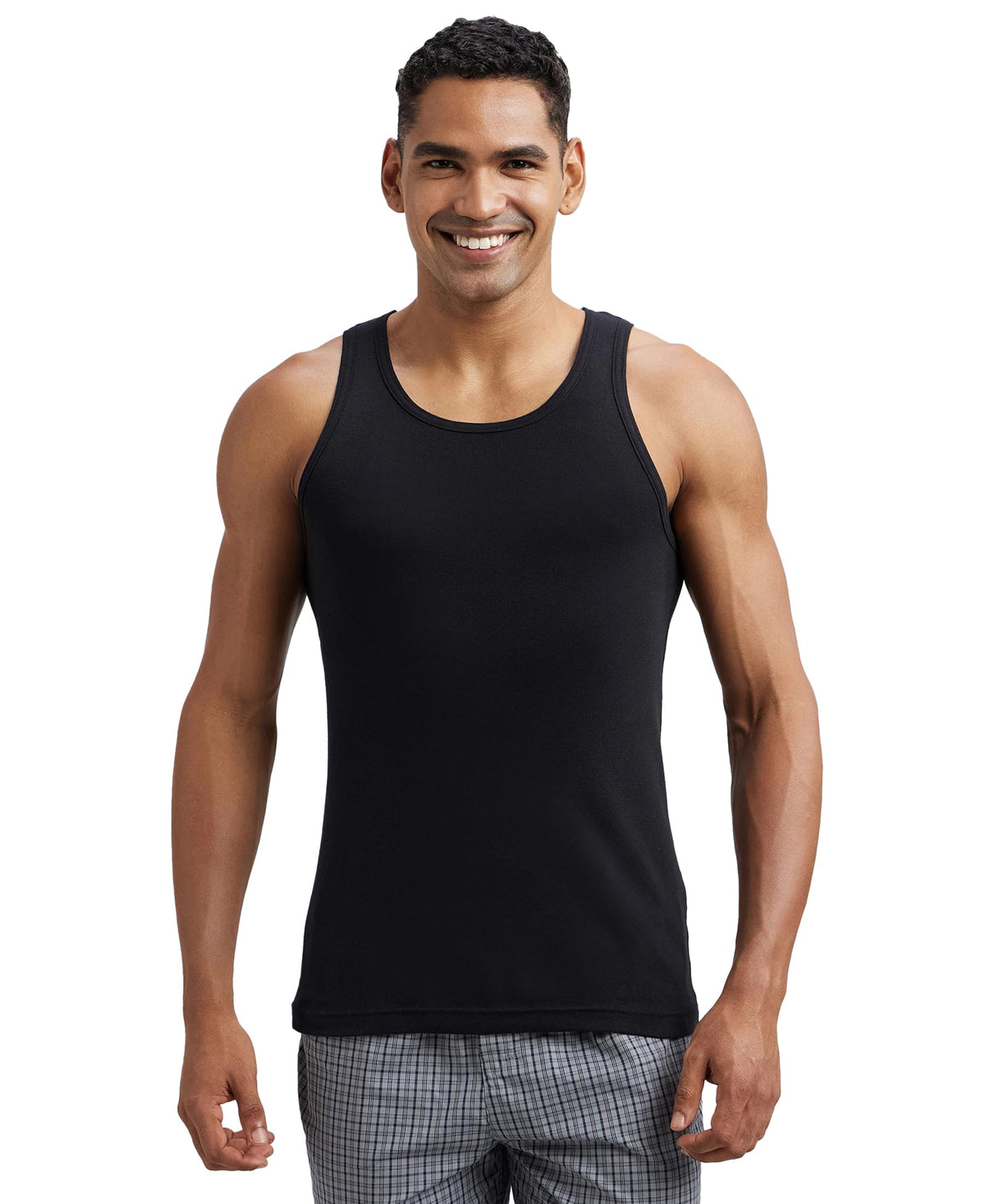 Jockey FP04 Mens Super Combed Cotton Rib Round Neck Sleeveless Vest with Extended Length for Easy Tuck_Black & Neon Blue_M