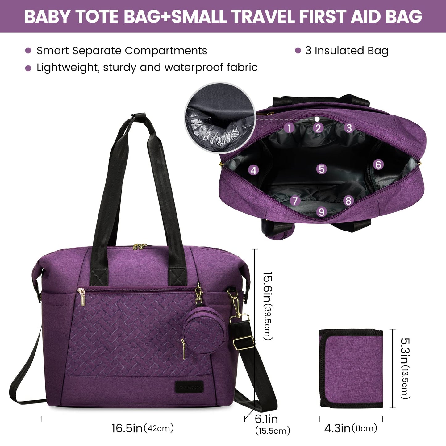 Lovevook Diaper Bag Tote, Large Baby Tote Bag, Travel Diaper Tote For Mom And Dad With Changing Pad And First Aid Bag,Purple