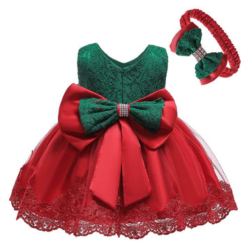 Little Girls Christmas Embroidery Lace Dresses Infant Easter Halloween Wedding Formal Event Dress(Red Green,120) 5-6 Years