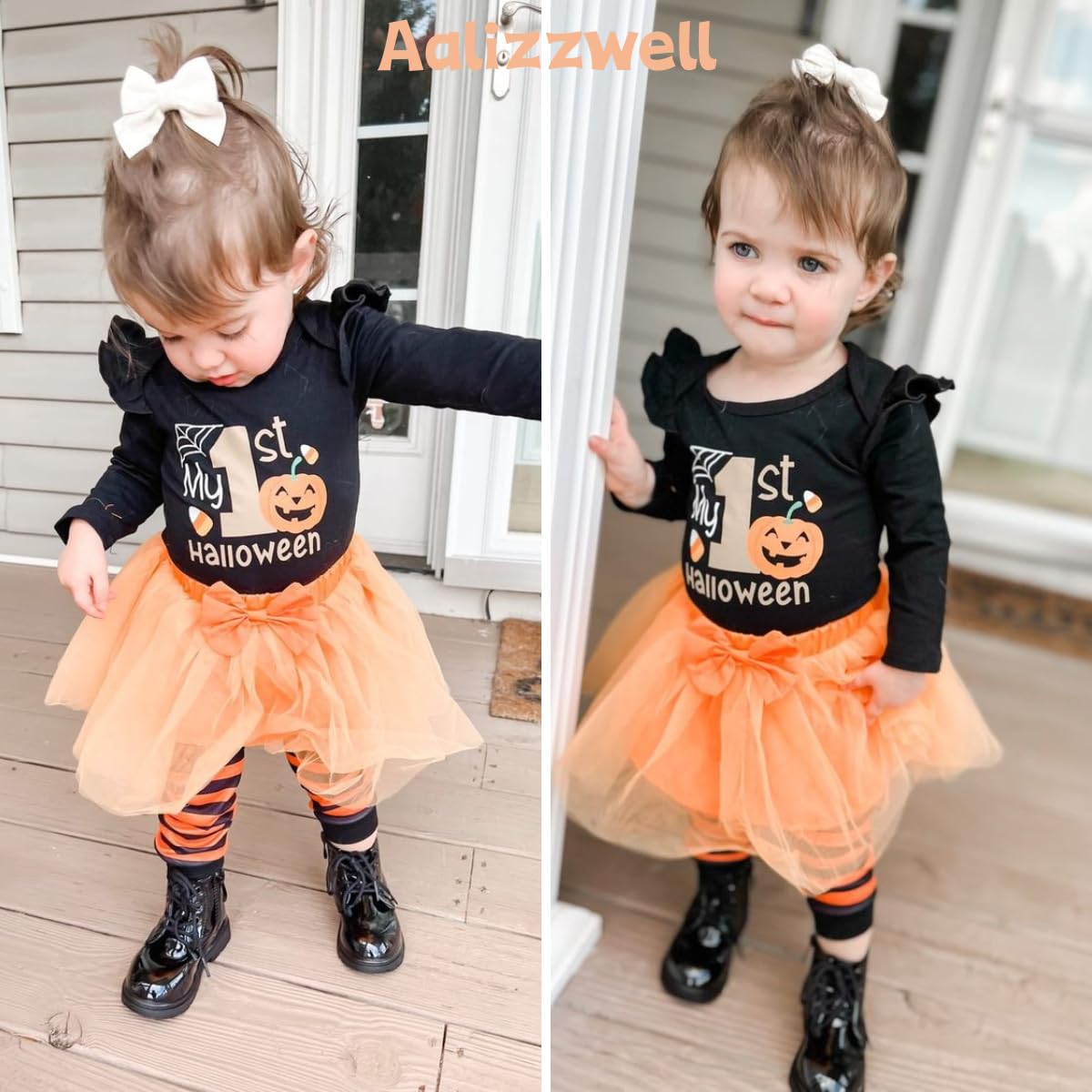 Aalizzwell 3-6 Months Baby Girls Halloween Outfit Infant 1St Halloween My Tulle Skirt Ghost Pumpkin Clothes With Leg Warmers Clo