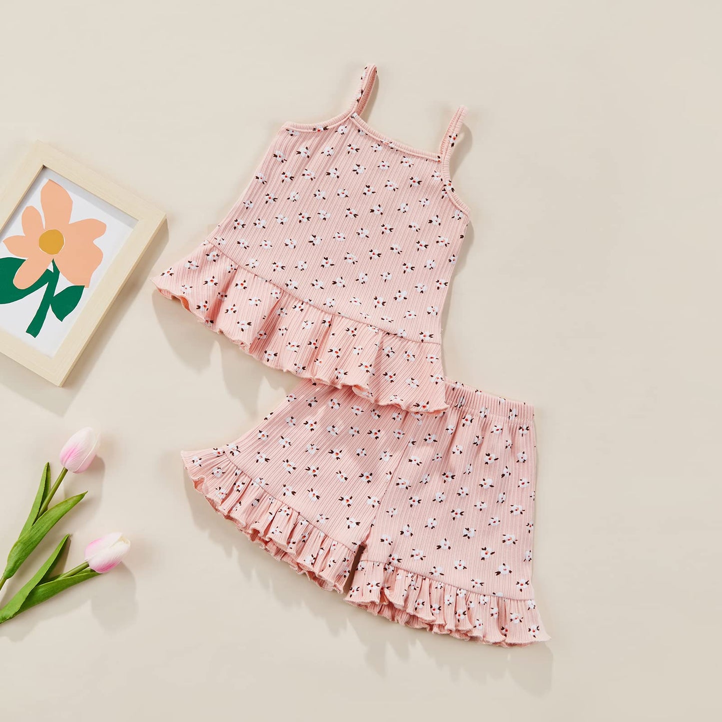 Coorally Toddler Baby Girl Floral Ruffled Outfits Set Strap Crop Tops+ Shorts Pants Summer Clothes Set (A-Pink, 18-24 Months)