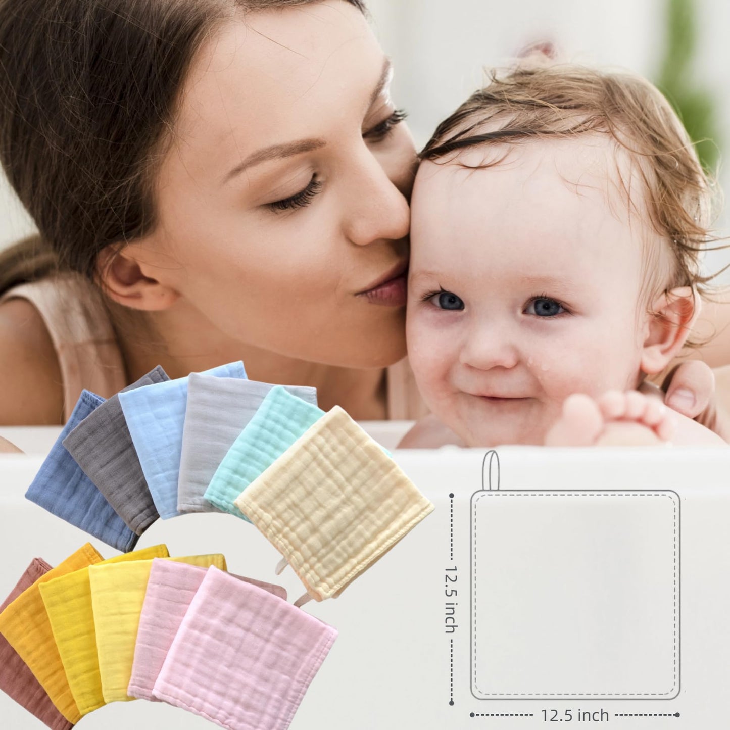 Mukin Colorful Baby Washcloths - Muslin Cotton Wash Cloths For Babies, Ultra Soft Newborn-Toddler-Infant-Child Washcloths Burp C