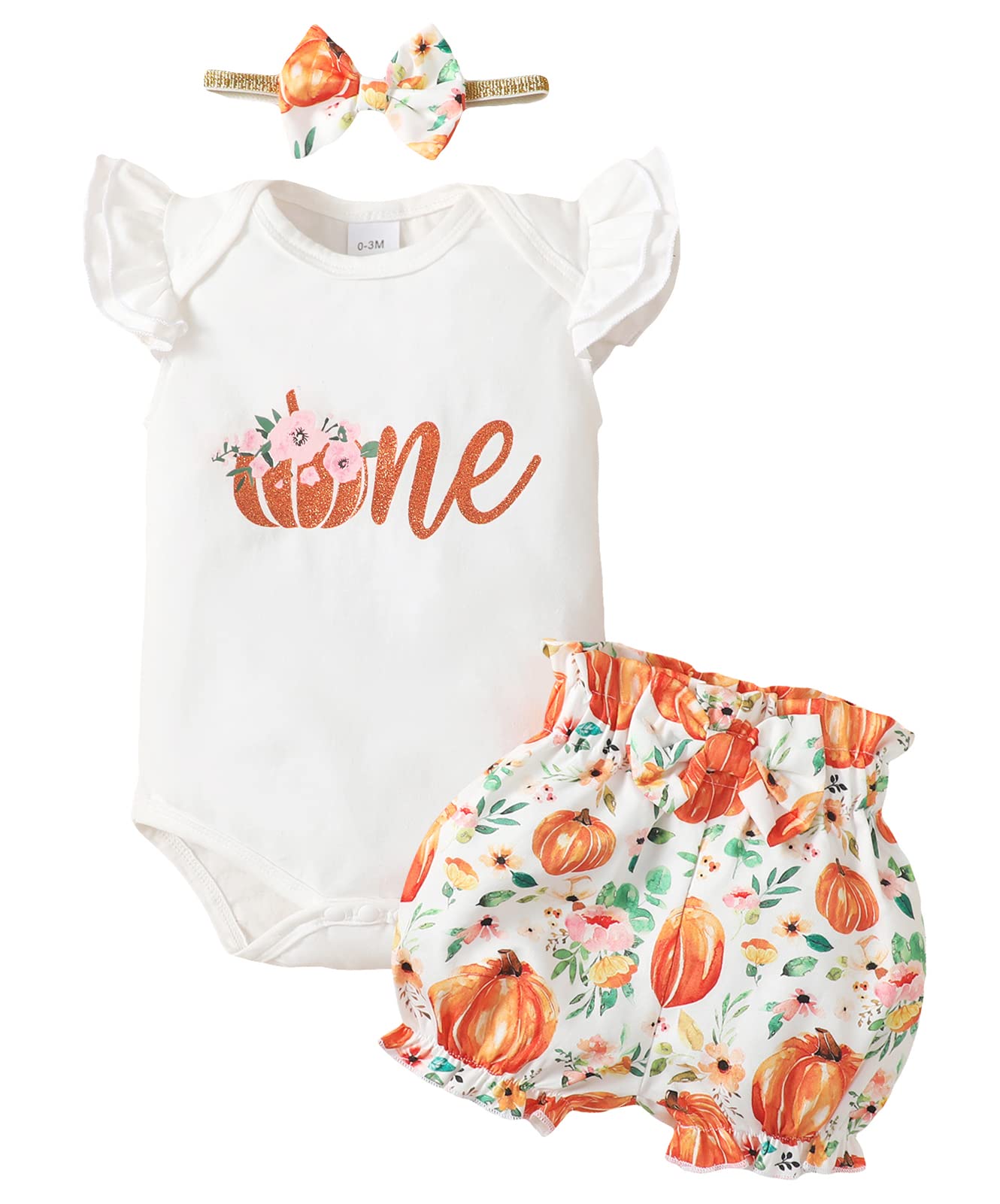 Grnshts Baby Girl One Birthday Clothes Ruffle Sleeve Romper+Pumpkin Shorts+Headband 3Pcs Fall Outfits (Pumpkin, 9-12 Months)