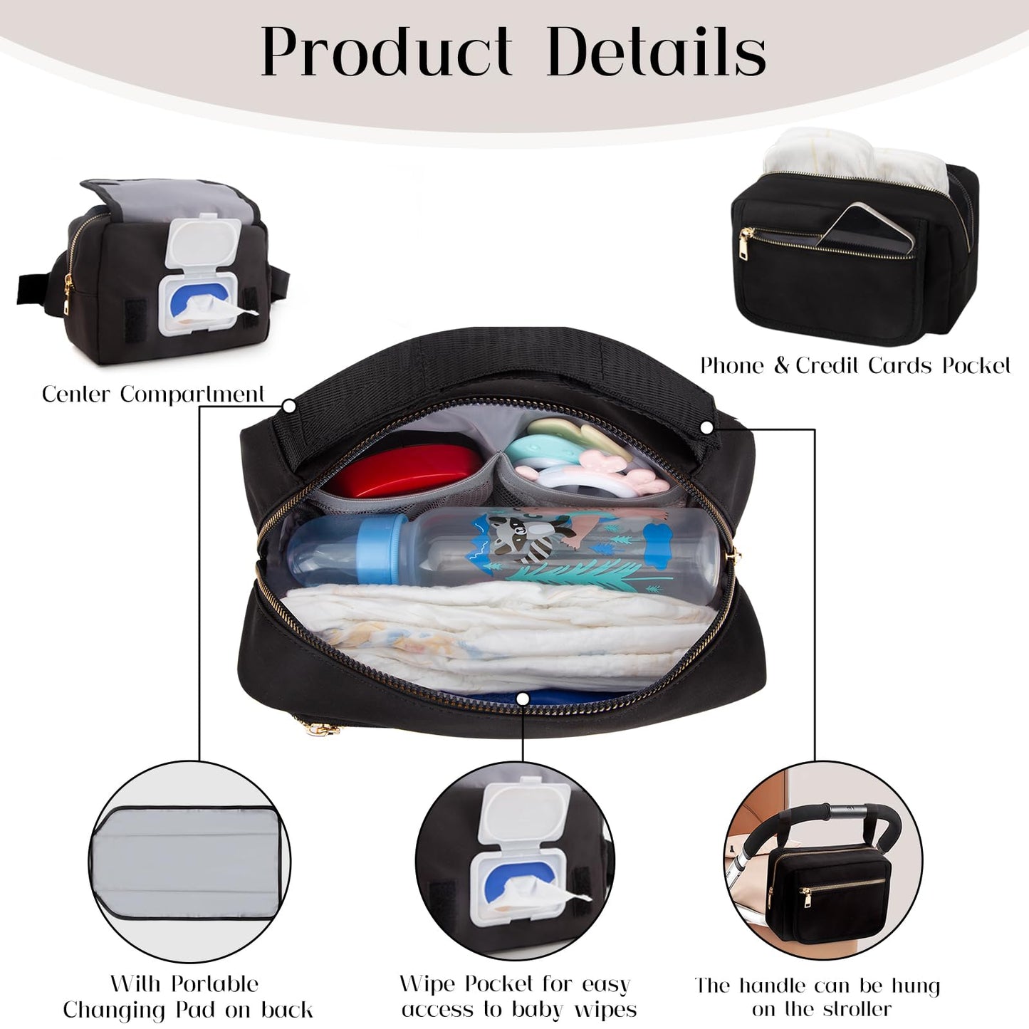 Printe Small Diaper Bag With Portable Changing Pad, Crossbody Fanny Pack With Wipes Pocket For Stroller, Women Waist Bag For Tra