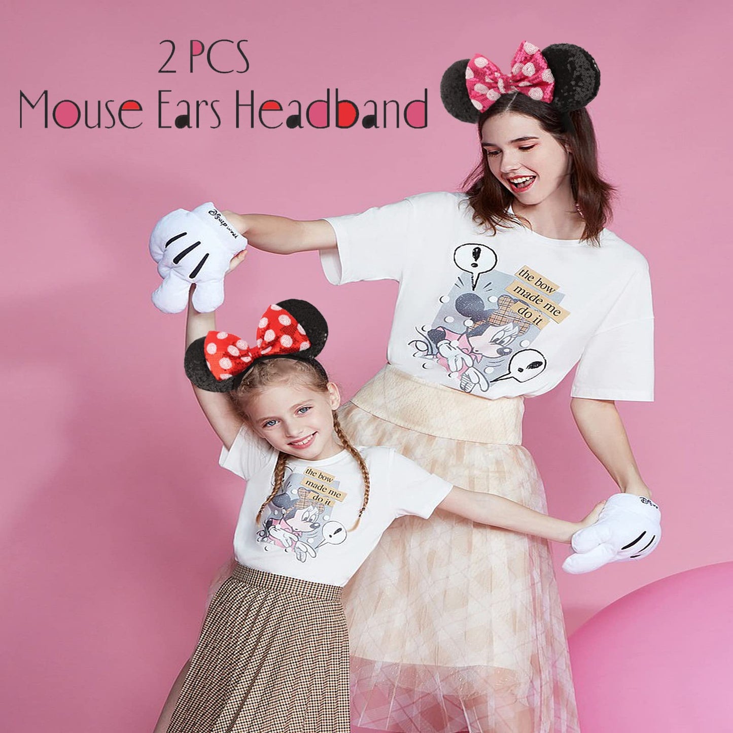 Etluk Mouse Ears Headbands, 2 Pcs Sequined Shiny Bow Headband Party Cosplay Accessories For Women, Girls (Pink Dot & Red Dot)