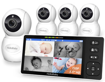 Hellobaby 5.5' 720P Hd Video Baby Monitor No Wifi, 4 Cameras Baby Monitors, Split Screen Remote Pan/Tilt/Zoom Baby Monitor, Wid