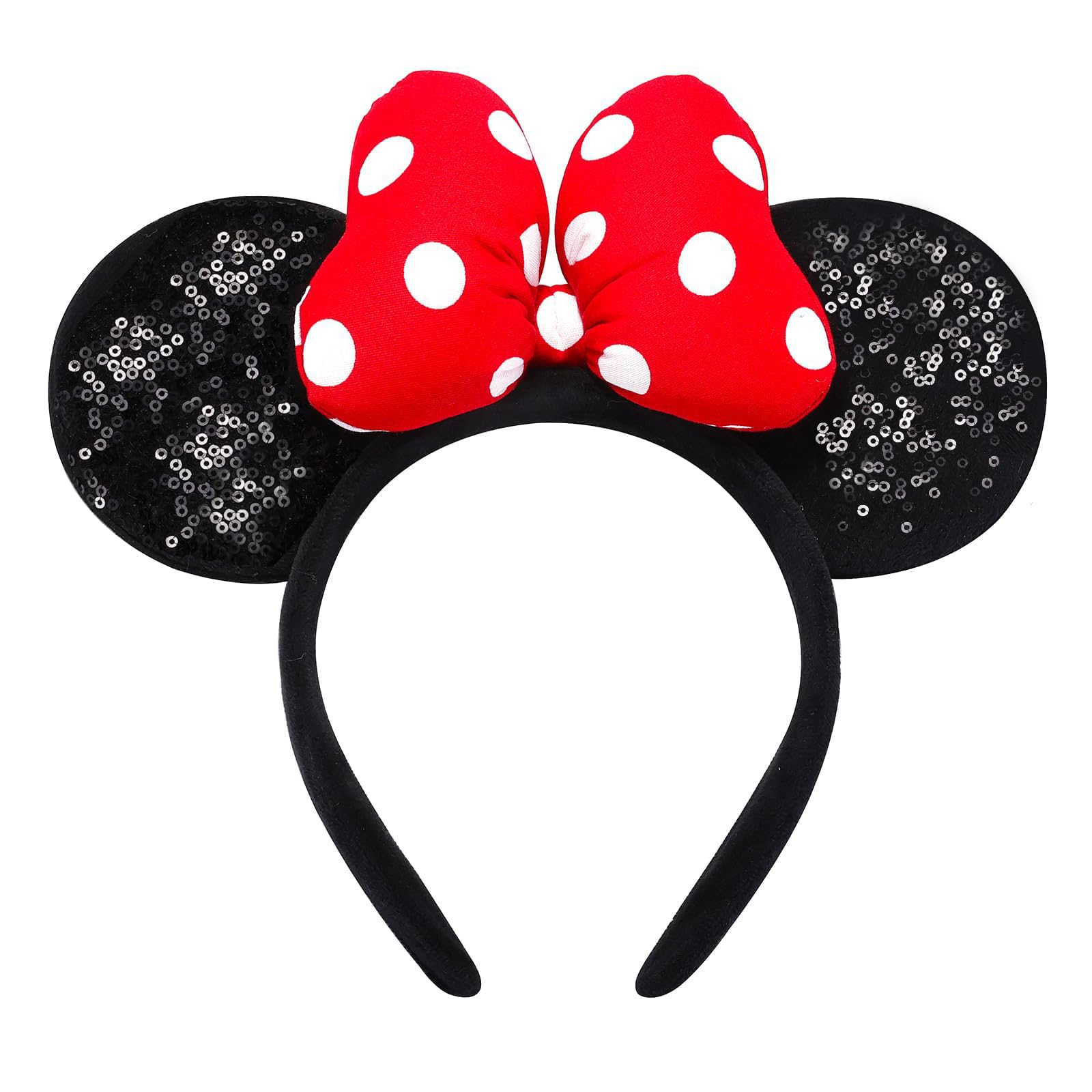 ODOCARE Handmade Glitter Mouse Ears Headband for Women and Ladies, Polka Dot Bow Minnie Ears Costume Accessories(Shiny Red-White