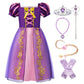 Relibeauty Girls Dress Puff Sleeve Princess Costume, 6-7, Purple(With Accessories)