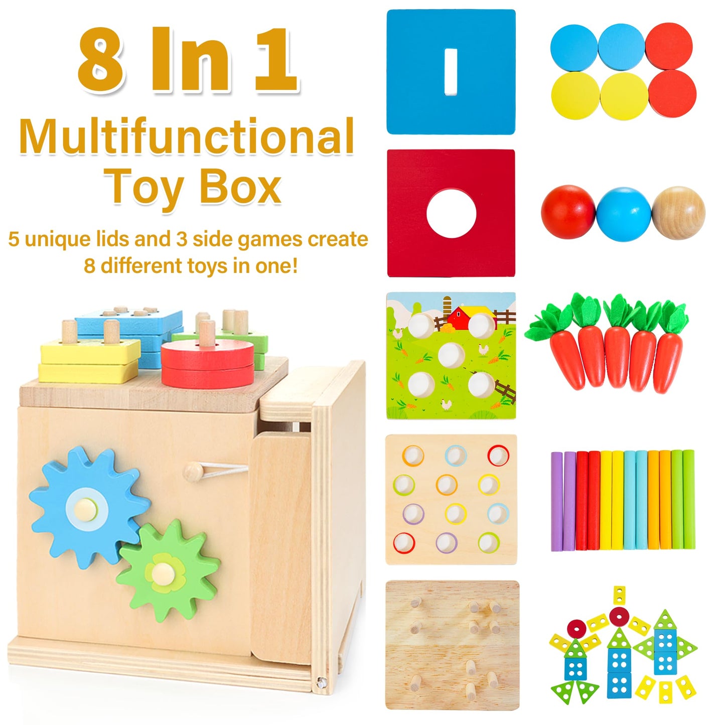 Kizfarm Wooden Montessori Baby Toys, 8-in-1 Wooden Play Kit Includes Object Permanent Box, Coin Box, Carrot Harvest, Shape Sorti