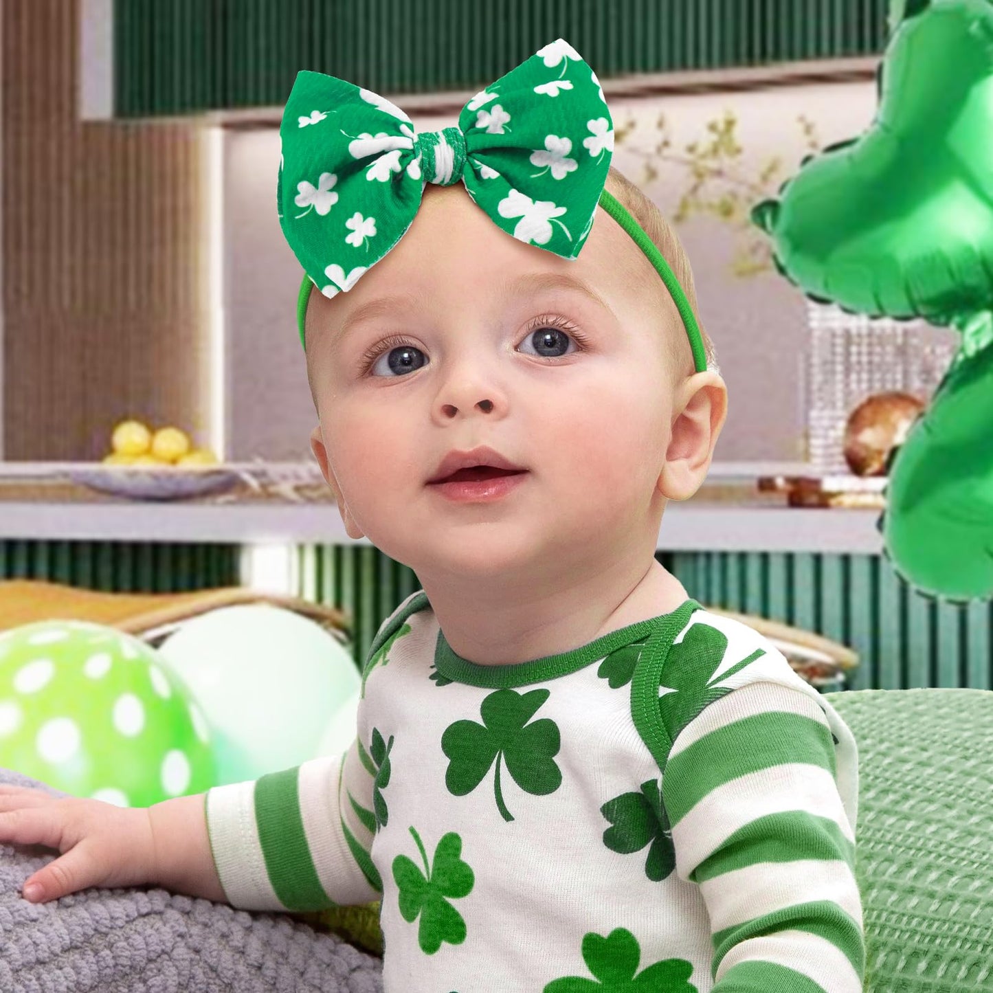 Yanjie St. Patrick'S Day Baby Girl Clover Headbands Shamrock Printed Baby Girl Bow Green Infant Headband St.Patrick Wide Hairban