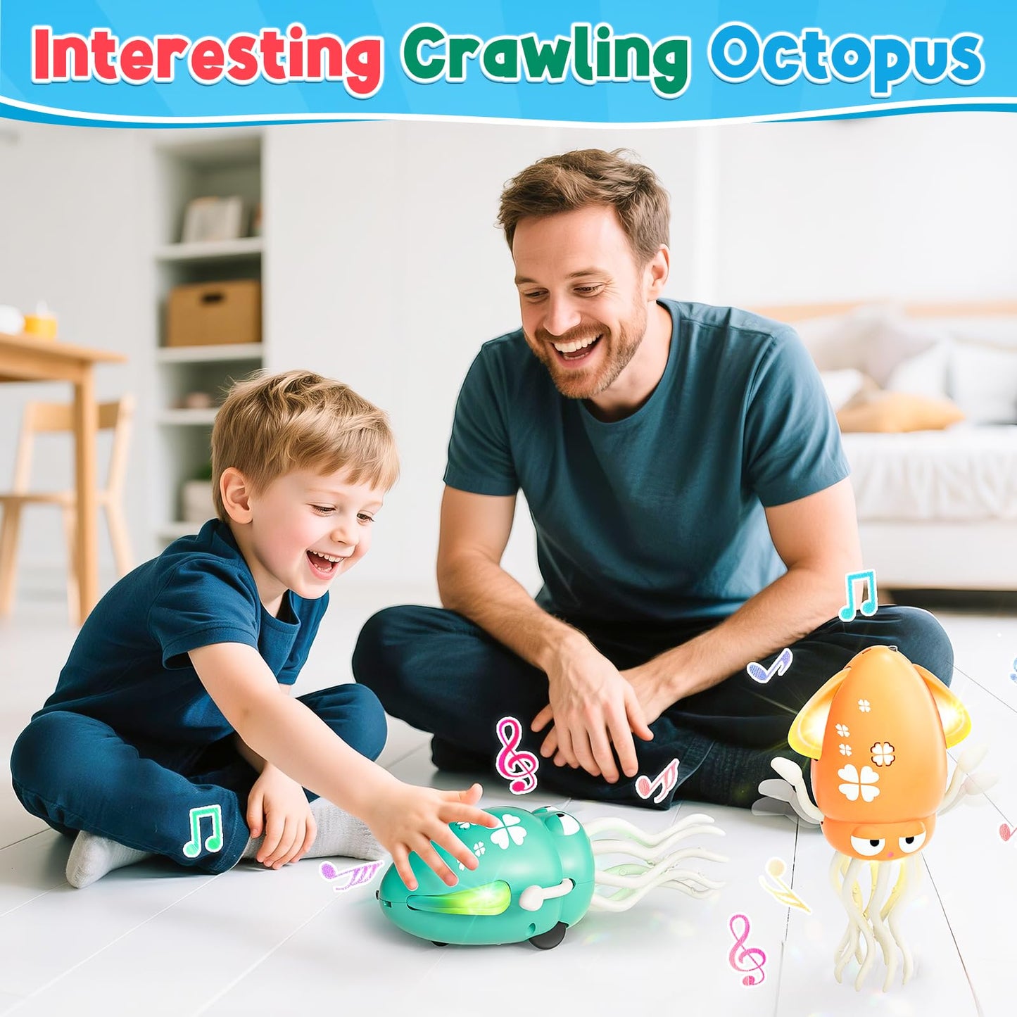 Dancing Squid Baby Toy, Electric Crawling Octopus Tummy Time Toy, Rechargeable Magic Dancing Music Squid Baby Toys for 3 4 5 6 Y