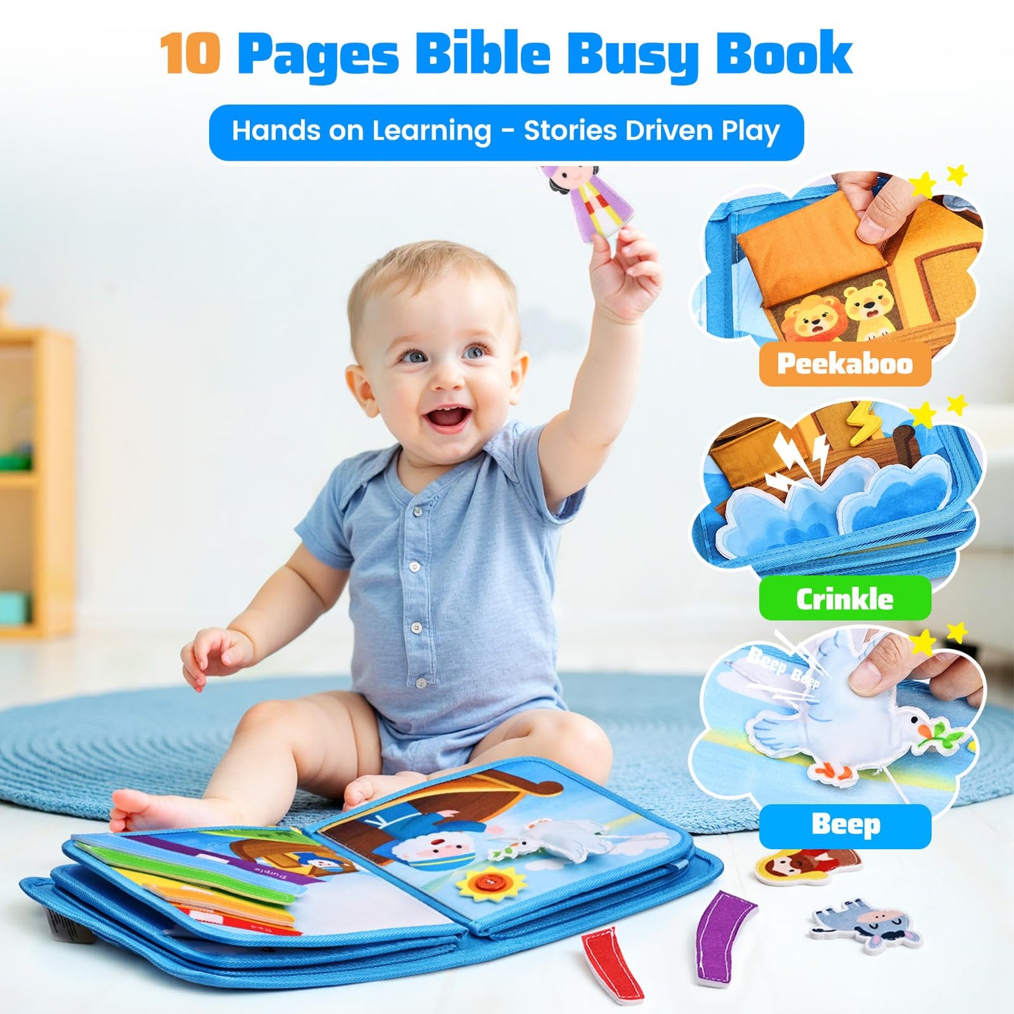 Esjay Busy Board Bible Busy Book for Toddlers, Montessori Toys 1 2 3 Year Old Toddler Baby, Noahs Ark Toy Baptism Birthday Gift
