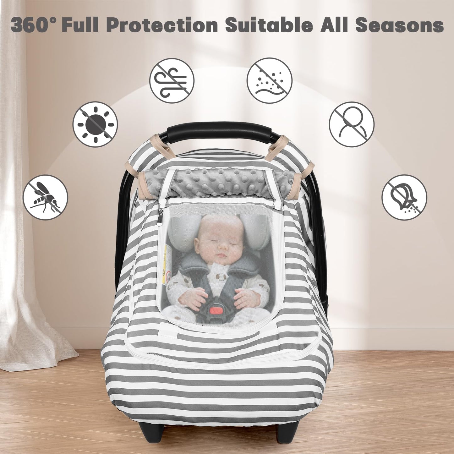 Car Seat Cover Baby,Winter Car Seat Covers for Boys Girls,Grey Infant Car Seat,Lined with Minky Dots Fabri, Double-Layer Windows