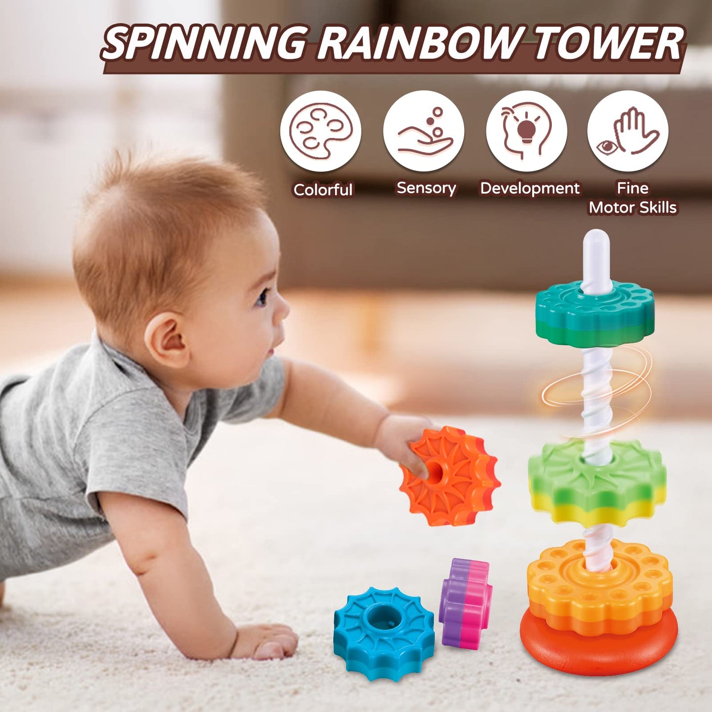 JUXUE Baby Spinning Stacking Toys for Toddlers 1-3, Rainbow Ring Stacker Montessori Toys for Babies 6-12 Months, 1 2 3 One Year