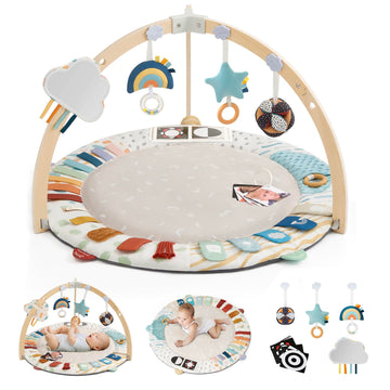 Blissful Diary Baby Play Gym & Activity Mat, 5 Developmental Zones Wooden Tummy Time Mat With 6 Detachable Sensory Toys For Moto