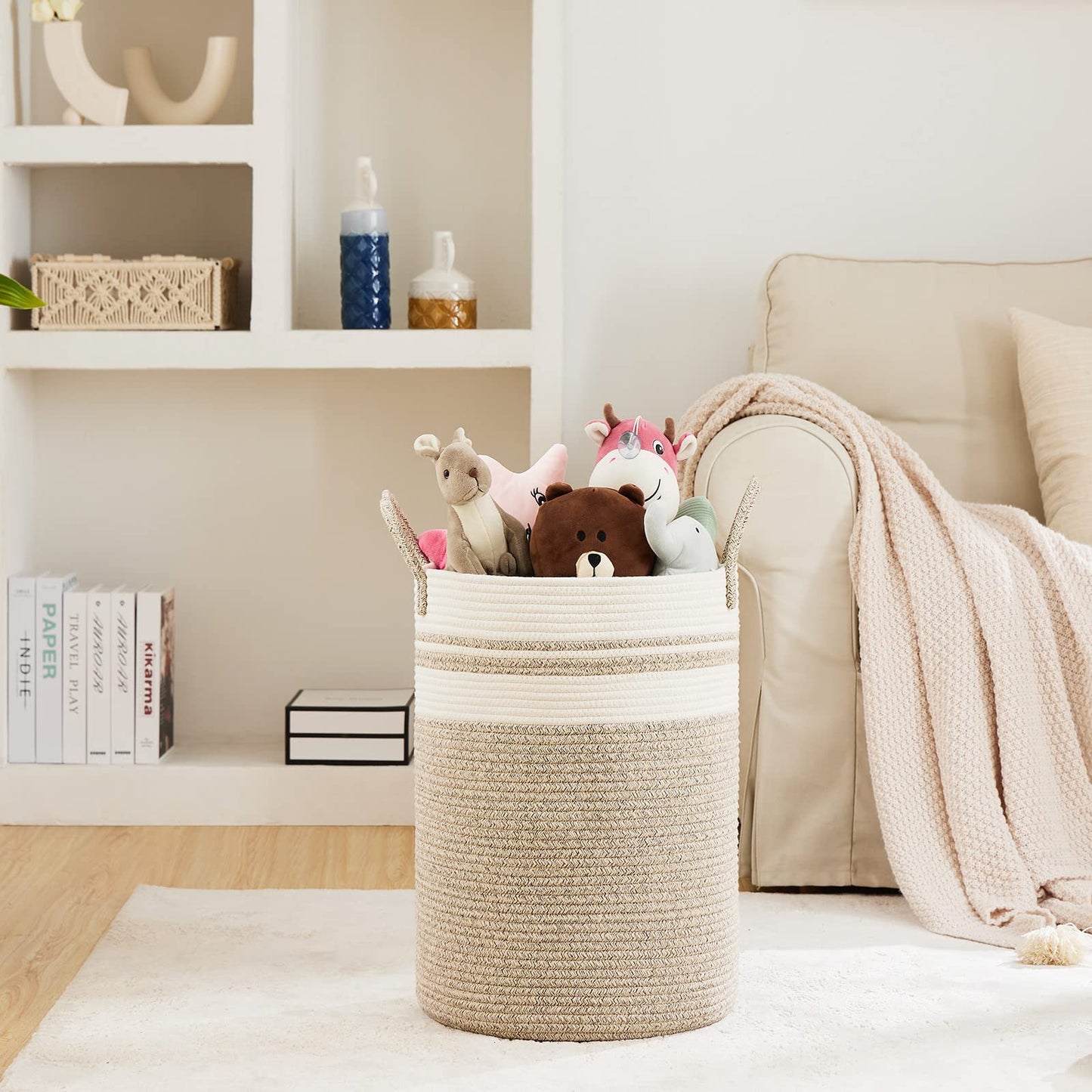 72L Large Woven Laundry Hamper By Fiona'S Magic, Tall Cotton Rope Storage Basket, Jute Baby Nursery Hamper For Blankets, Toys An