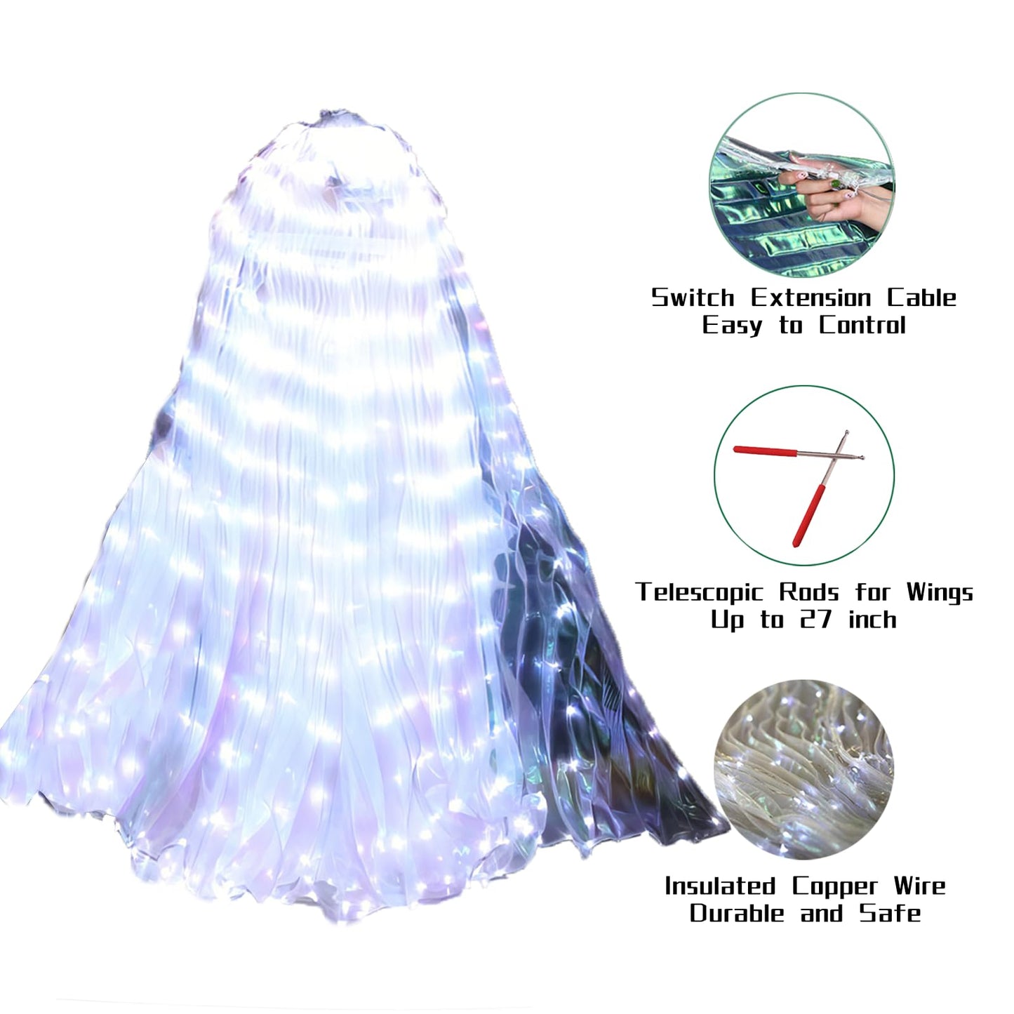Zfbird Led Butterfly Wings Light Up Fairy Wings Luminous Butterfly Costumes For Halloween, Christmas And Belly Dance White