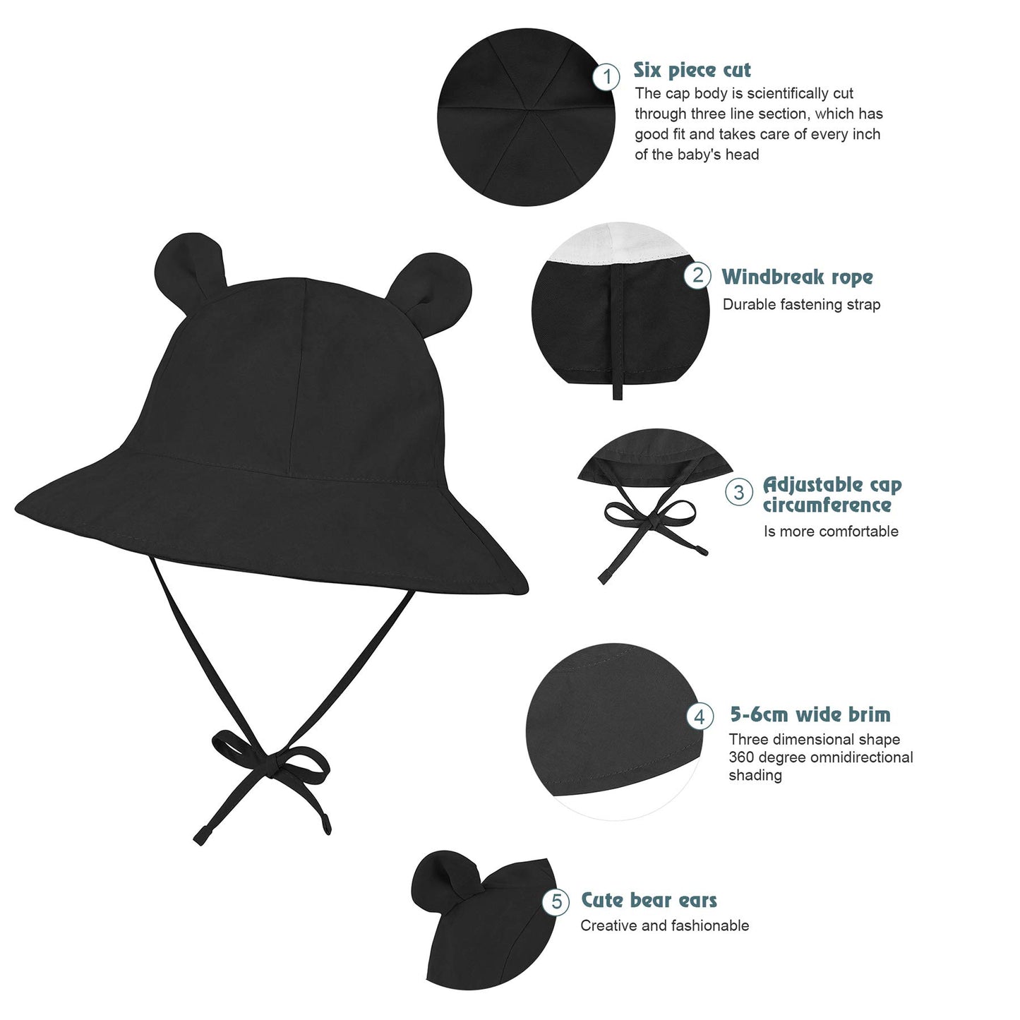Zando Baby Sun Hat Bucket Hat Wide Brim Beach Caps Toddler Hats For Boys With Bear Ears Infant Summer Hat For Girls Black 0-6Mon