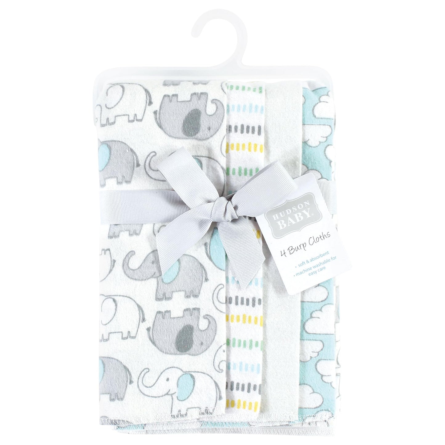 Hudson Baby Unisex Baby Cotton Flannel Burp Cloths, Neutral New Elephant 4-Pack, One Size