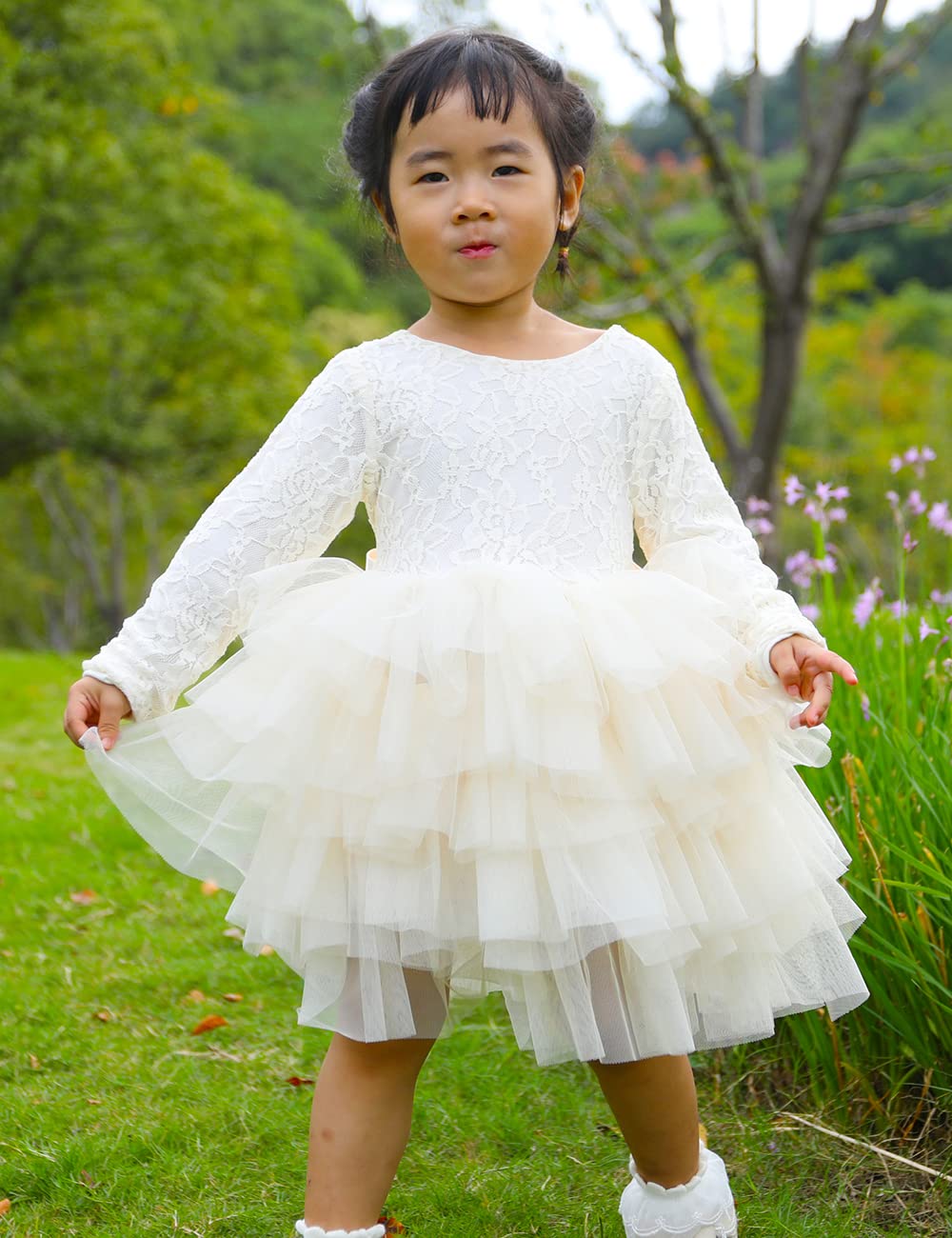 Cilucu Baby Girls Dress Toddler Kids Party Dress Tutu Pageant Lace Dresses Gown For Flower Girl Baby Birthday Long Sleeve Rose D