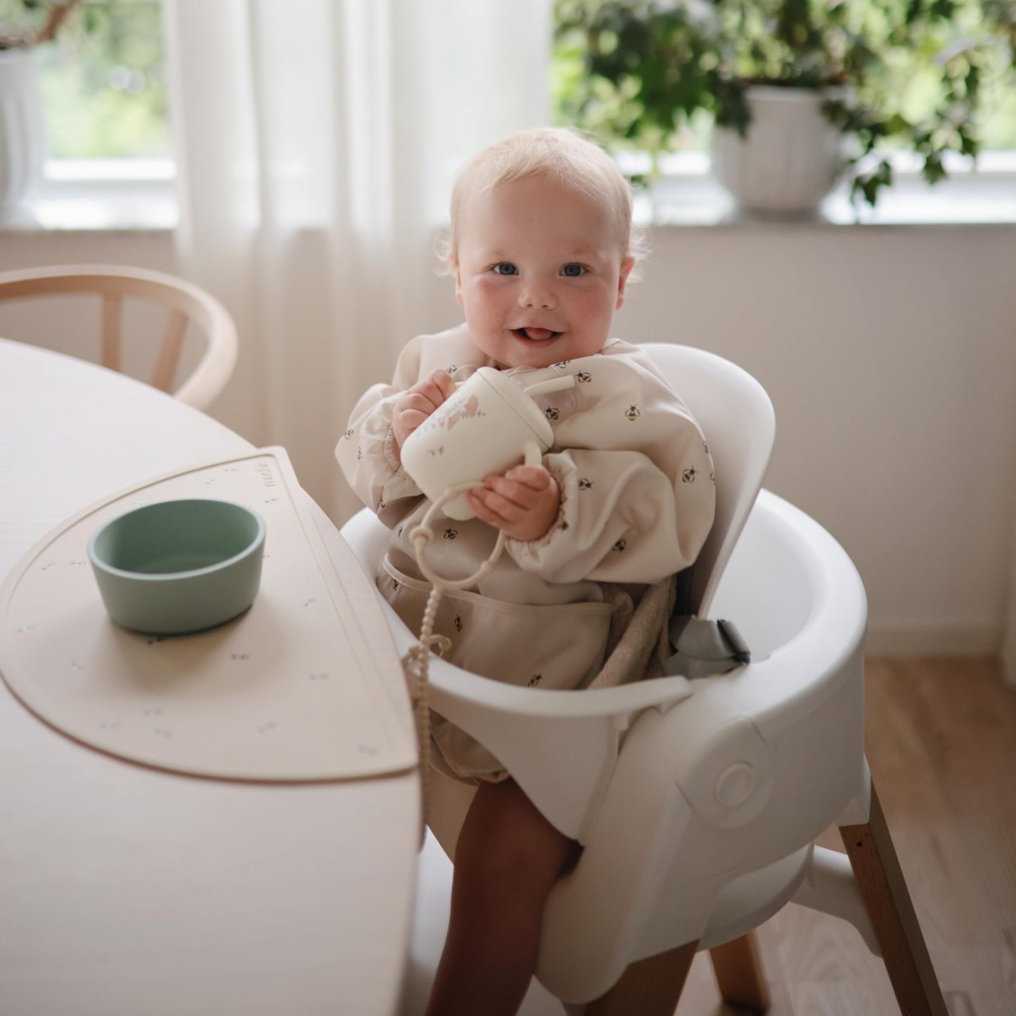 mushie Long Sleeve Baby Bib | Mess Free & Waterproof Fabric for Toddlers | Adjustable Fit for Ages 6-24 Months (Blue Check)