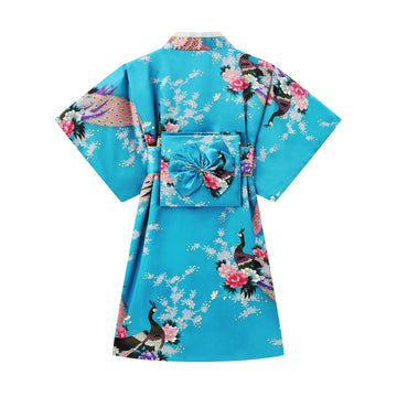Cutey May Japanese Traditional Dress For Girls Costume Kimono For Kids Set (Aqua, 8-9Years(140Cm))