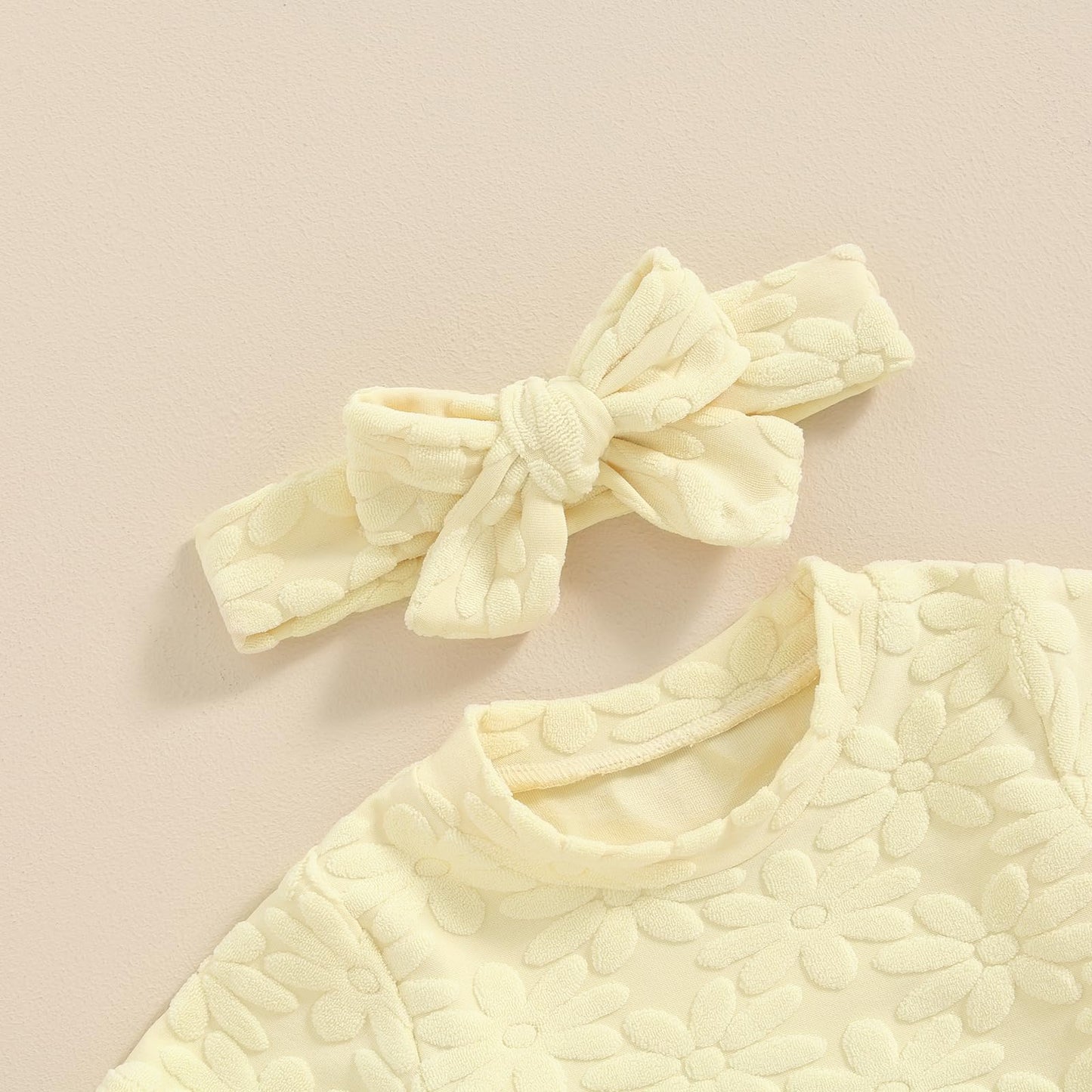 Toddler Baby Girls Daisy Chenille Patch Outfit Short Sleeve T-Shirt Shorts Headband 3Pcs Summer Clothes Set (Yellow, 18-24 Month
