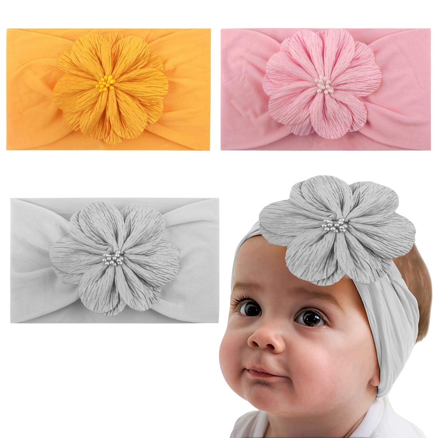 Syga Pack Of 3 Baby Headband Nylon Flower Soft Stretchable Hairband For Newborn Infant Toddler Kids For 03 Year (Yellow, Pink, 