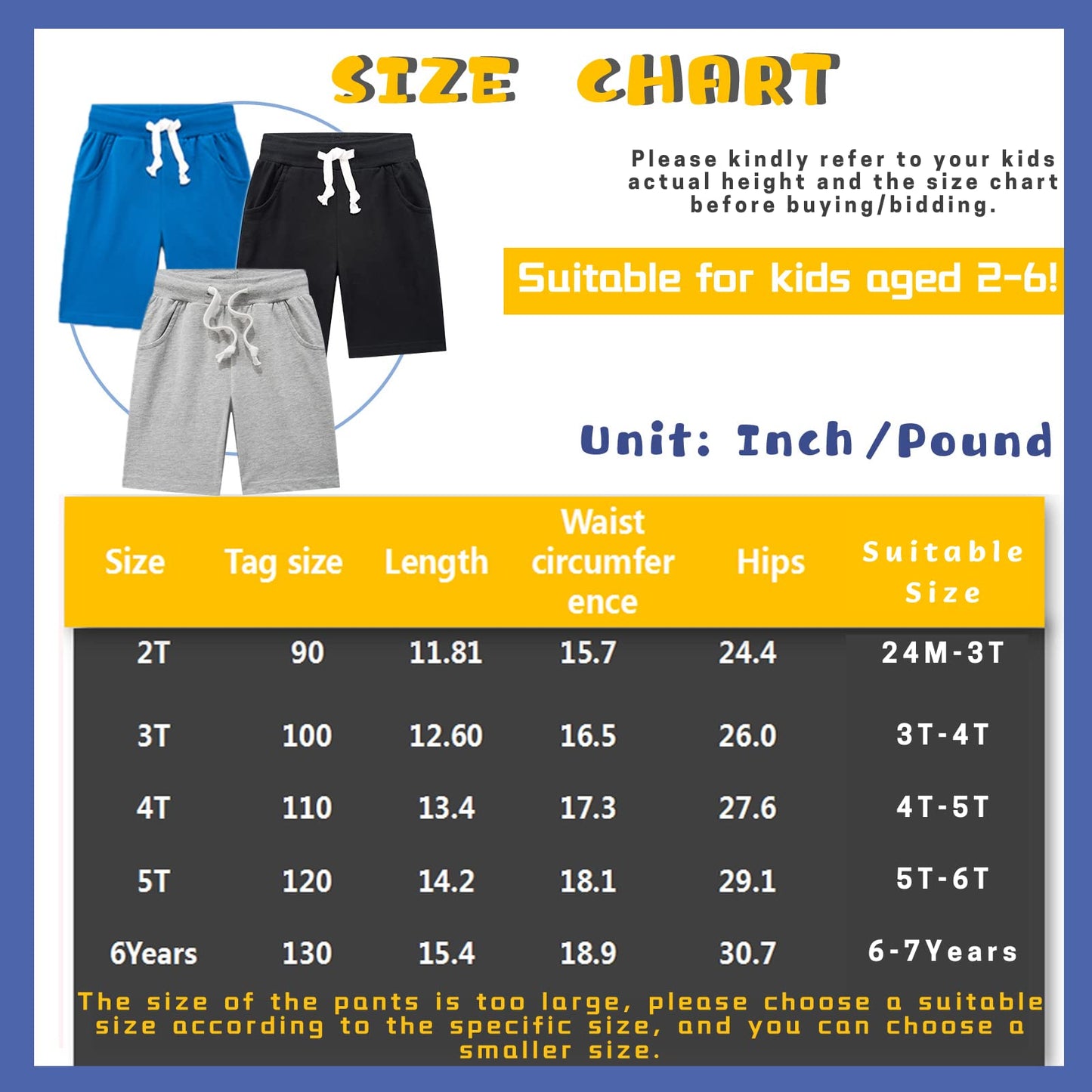 Hzxvic Toddler Baby Boys Shorts, Summer Cotton Shorts For Kids Girls, 3 Pack Childrens Jogger Pants(Blackblue-2T)