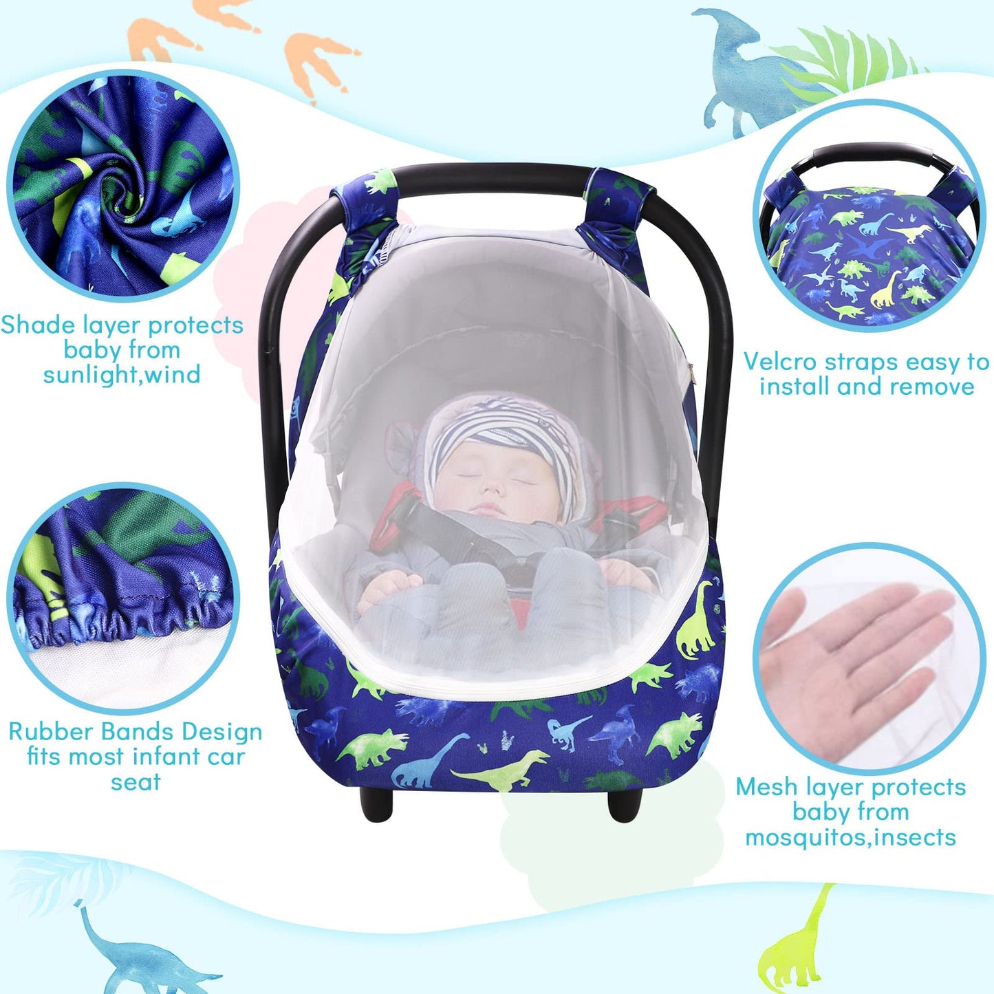 Car Seat Cover For Babies, Summer Cozy Cover, Privacy Carseat Canopy Protect Boys Girls, Breathable Comfortable, Dinosaur